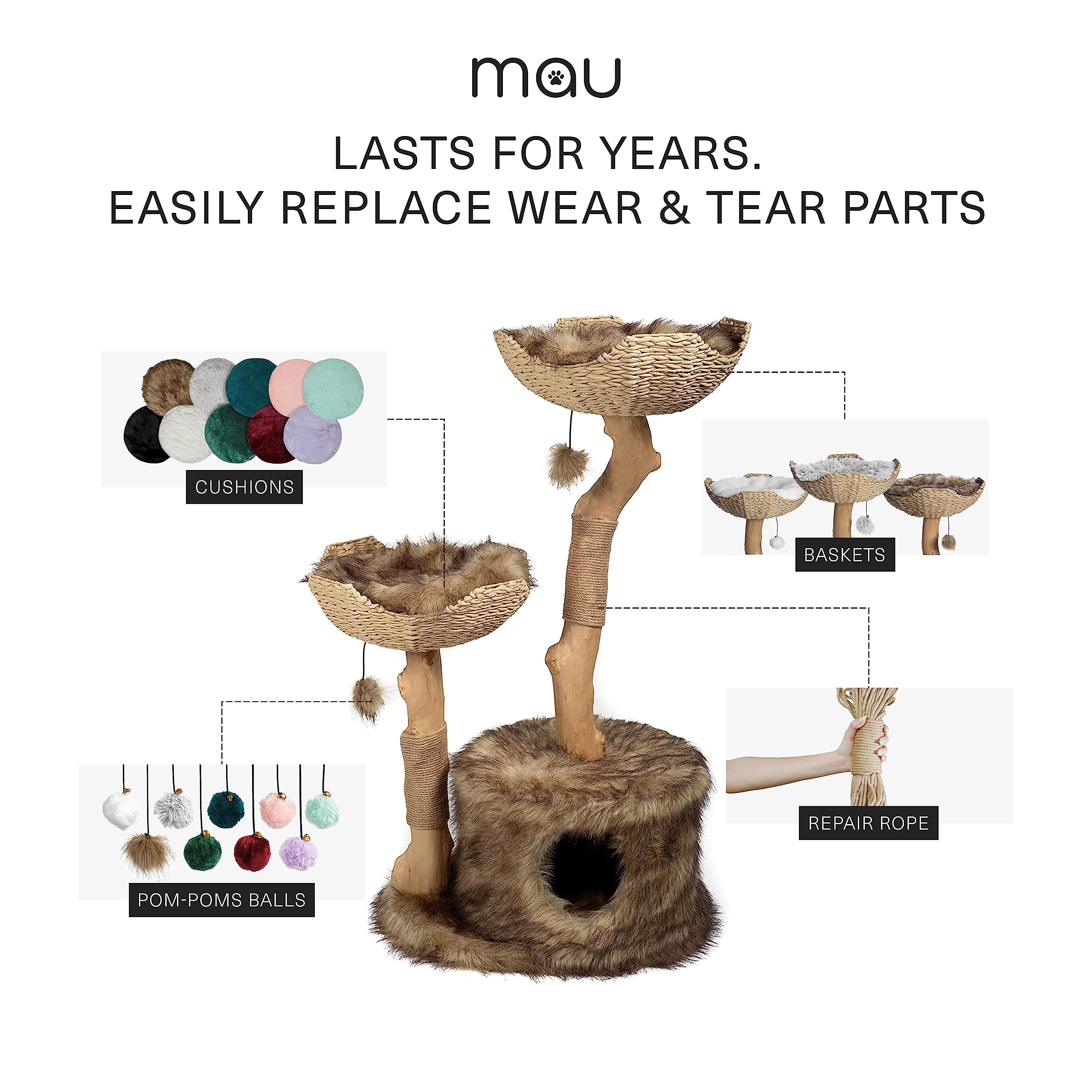 Premium MAU Modern Cat Tree Tower for Large Cats - Natural Wood Cat Climbing Structure with Scratching Posts & Condo - Perfect Gift for Cat Lovers - Ideal for Indoor Play & Relaxation Spaces