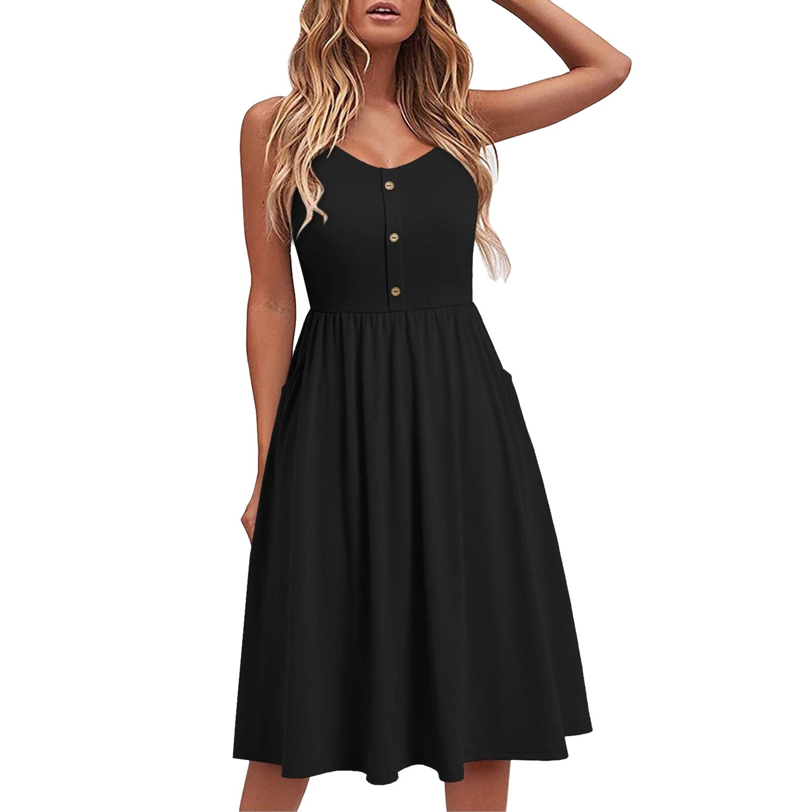 LINASHI Women's Summer Casual Dress - Solid Button V-Neck Strap Loose Flowy Dress, Elegant Spliced Design for Women | Perfect for Beach, Vacation & Everyday Wear
