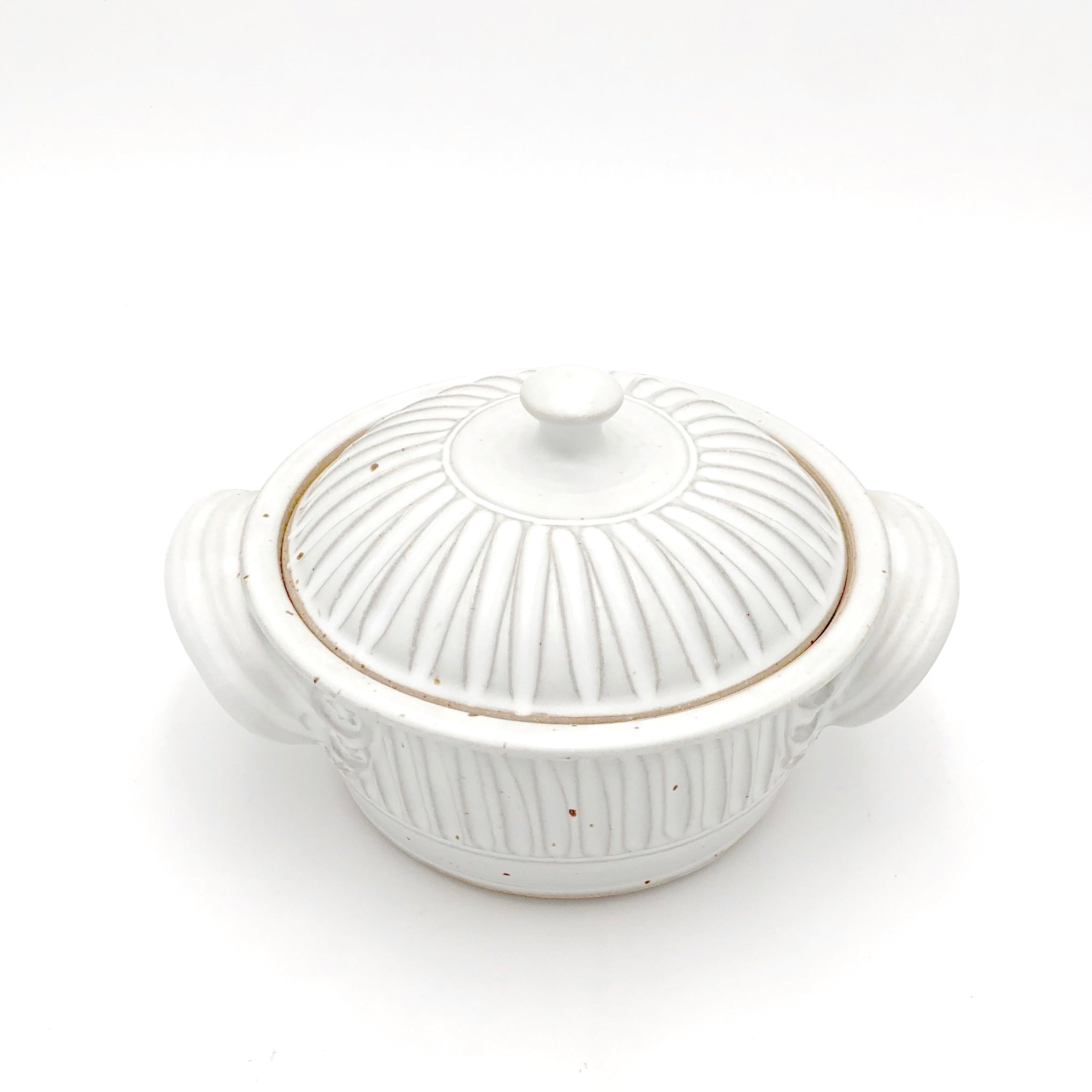 Small Lidded Casserole #3 - Mini Pot with Handles, Fluted White Ceramic Bakeware for Oven & Serving - Perfect for Individual Portions, French Onion Soup & Side Dishes