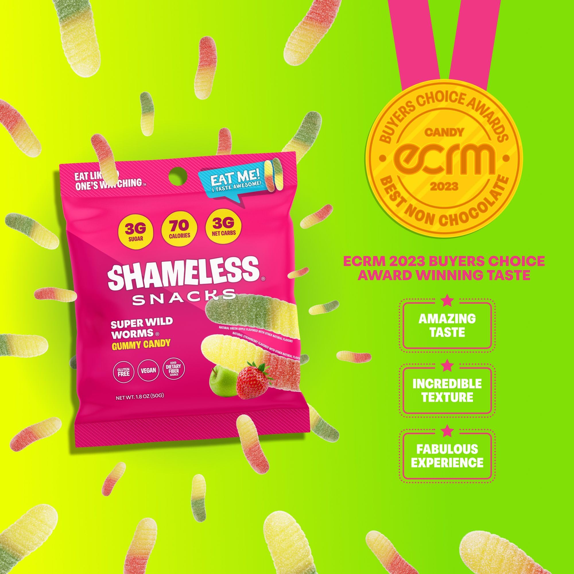 Shameless Snacks - Healthy Low Calorie & Low Carb Keto Gummies | Gluten Free Candy | 6 Pack Wild Worms | Perfect for Keto Diet, Weight Loss & On-the-Go Snacking