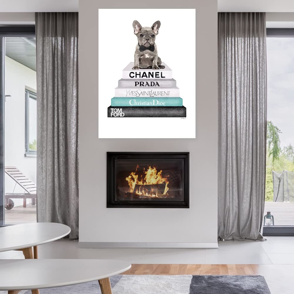 Teal Frenchie Bookstack Canvas Wall Art - Handmade Fine Art Painting by Amanda Greenwood - 35x46 Inch Ready to Hang Wall Decor for Living Room, Bedroom, Office - Perfect for Home, Library & Coffee Shop Decor