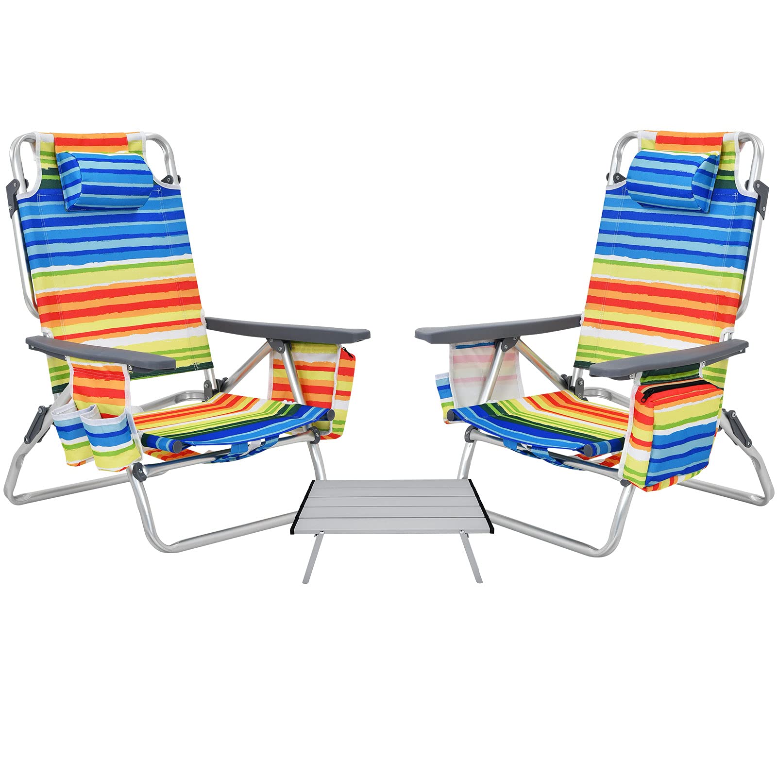 GYMAX 2-Pack Portable Folding Beach Chairs with Cooler Bag, Cup Holder & Side Pockets - Lightweight Backpack Camping Chairs for Outdoor, Picnic, Pool Party & Beach Relaxation (Yellow Strip, Includes Table)