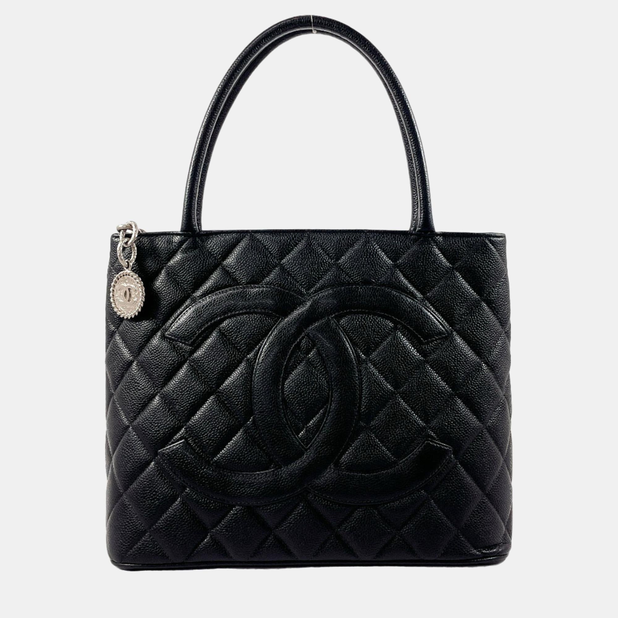 Luxury Black Caviar Leather Medallion Tote Bag for Women - Elegant Designer Handbag for Work, Travel & Everyday Use