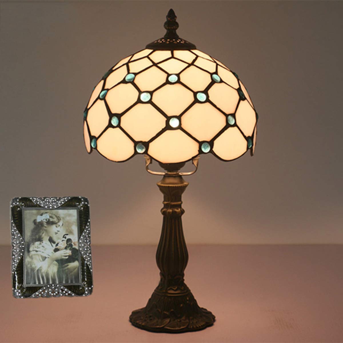 Vintage Tiffany Style Table Lamp - 7.8 Inch Handmade Stained Glass Desk Lamp with Colored Crystal Beads, Blue Resin Base - Elegant Bedside Night Light for Bedroom, Living Room, Office & Study Decor