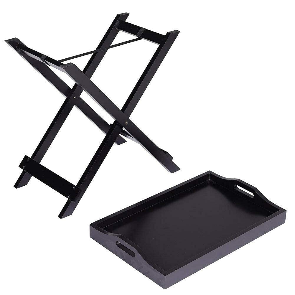 Portable Folding Wooden Tray - Black Coffee Table Serving Stand for Snacks, Tea & Dinner | Indoor & Outdoor Use - Home, Picnic, Camping, Office Desk Organizer