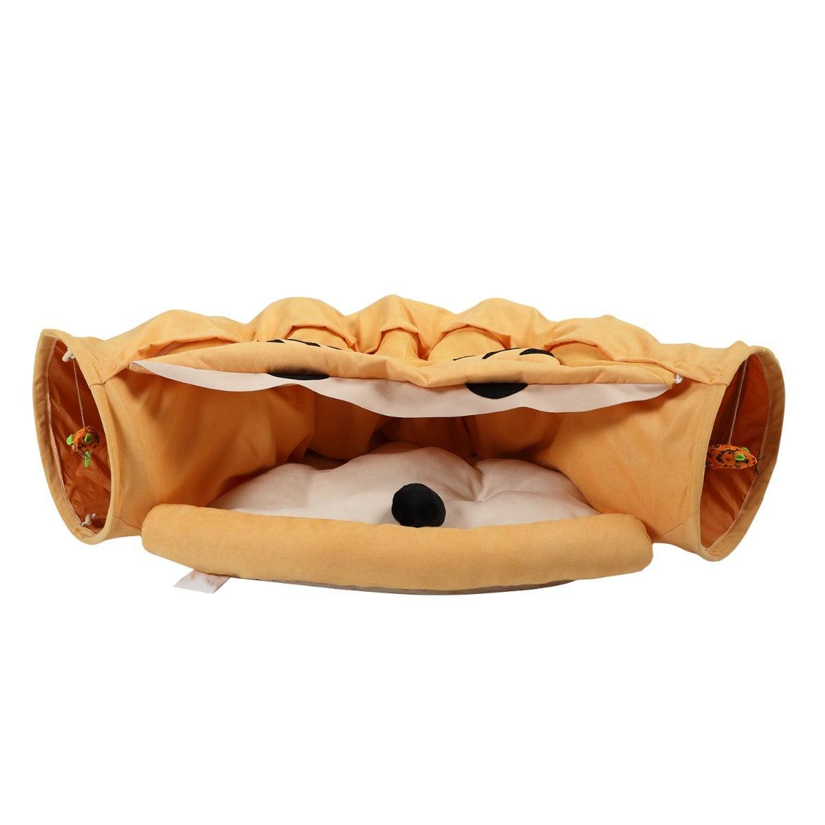 Expandable Cat Tunnel with Cushioned Bed & Teaser Balls - Interactive Play & Nap Space for Indoor Cats - Yellow Pet Nest with Zipper Connection - Feline Toys & Comfort Supplies for Kittens & Adult Cats