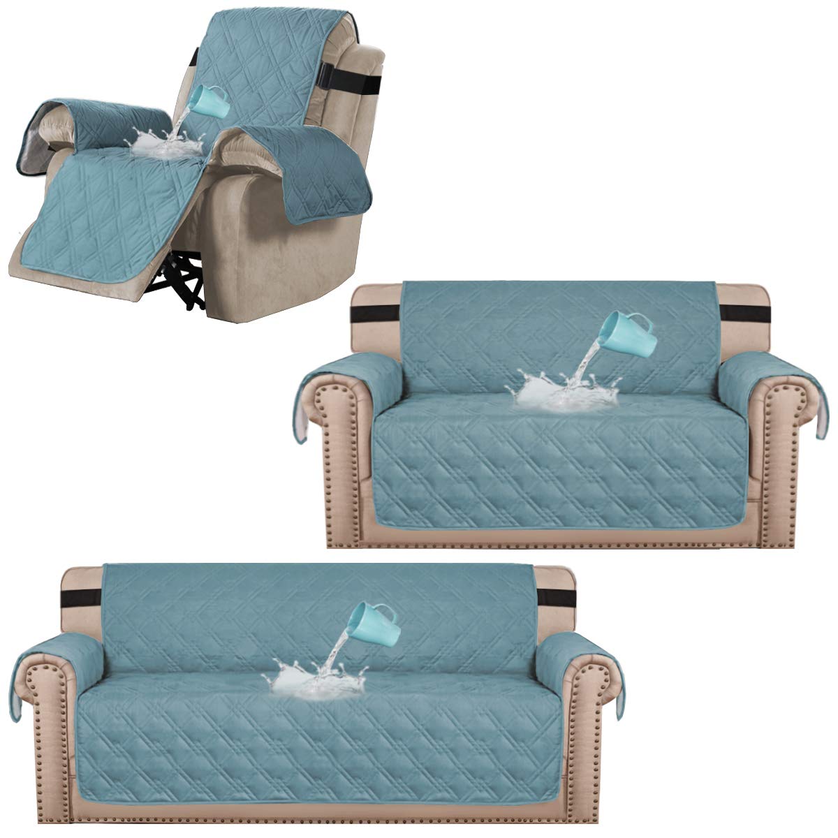 H.VERSAILTEX 100% Waterproof Quilted Sofa Cover Set - 3 Piece Furniture Protector for Loveseat & Recliner - Spill Proof Stretchable Slipcovers for Living Room, Bedroom & Pets