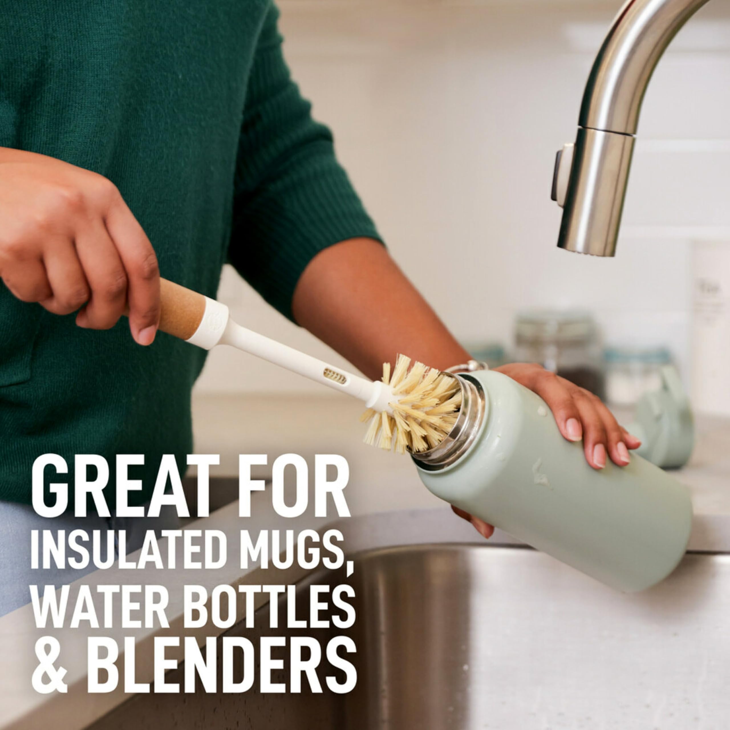 Scotch-Brite Greener Clean Bottle & Straw Brush Set - 2 Replaceable Brush Heads, Safe for Insulated Mugs, Water Bottles, Glassware, Food Processors & Blenders - Dishwasher Safe - Perfect for Cleaning Reusable Bottles, Baby Bottles, and Kitchen Appliances