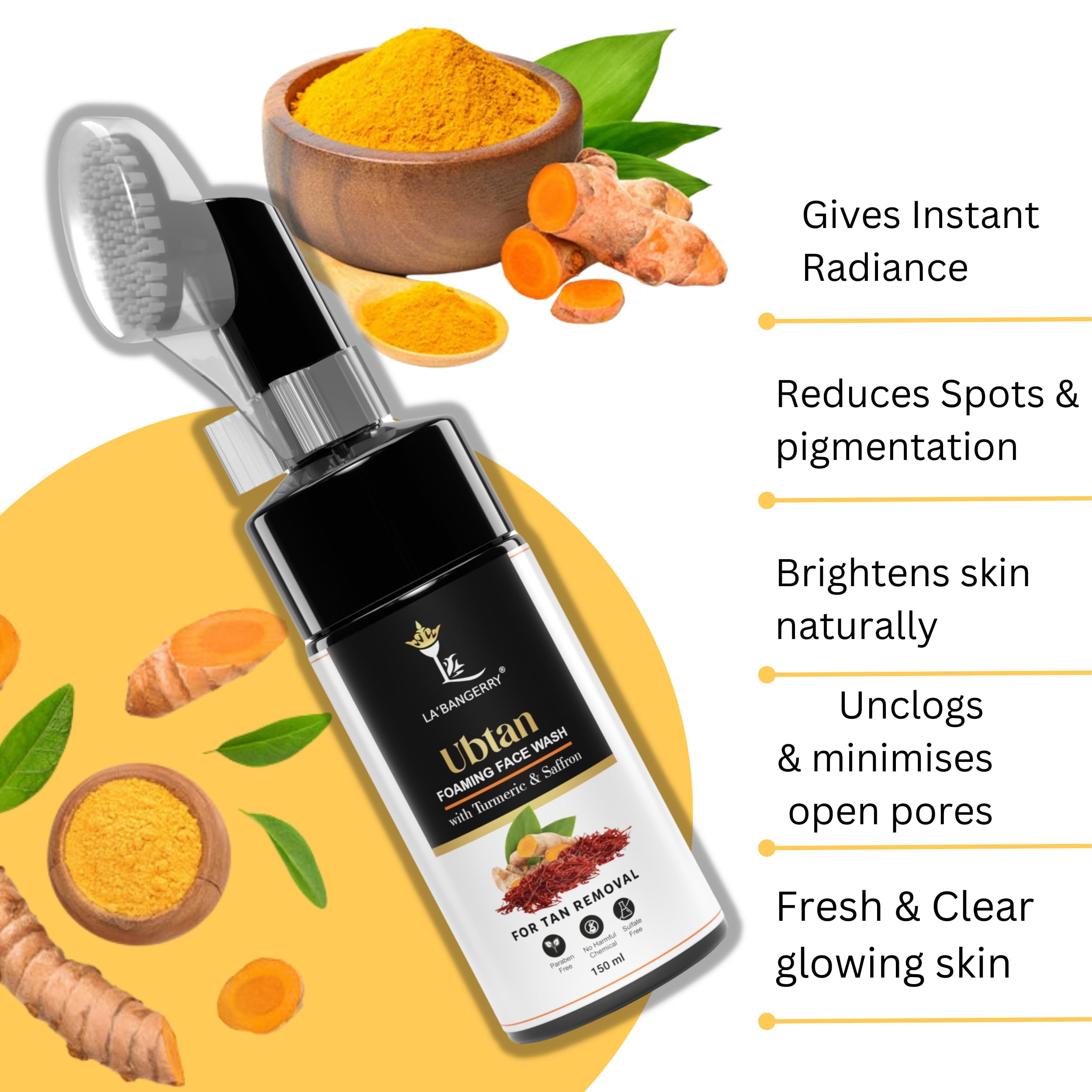 LA'BANGERRY Turmeric & Saffron Face Wash for Acne & Tan Removal - Brightening & Glowing Skin Care (150ml) | Natural Ubtan Cleanser for Men & Women | Perfect for Daily Skincare Routine & Sun-Damaged Skin Repair
