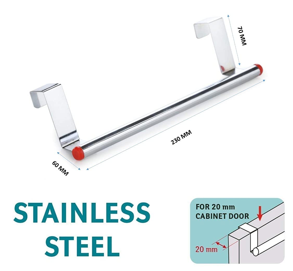 Stainless Steel Over Cabinet Door Towel Holder - 23cm Kitchen Towel Rack & Hanger for Bathroom, Pantry or Laundry Room (Silver-Red, 1 Pack) - Space Saving Home Organization Solution