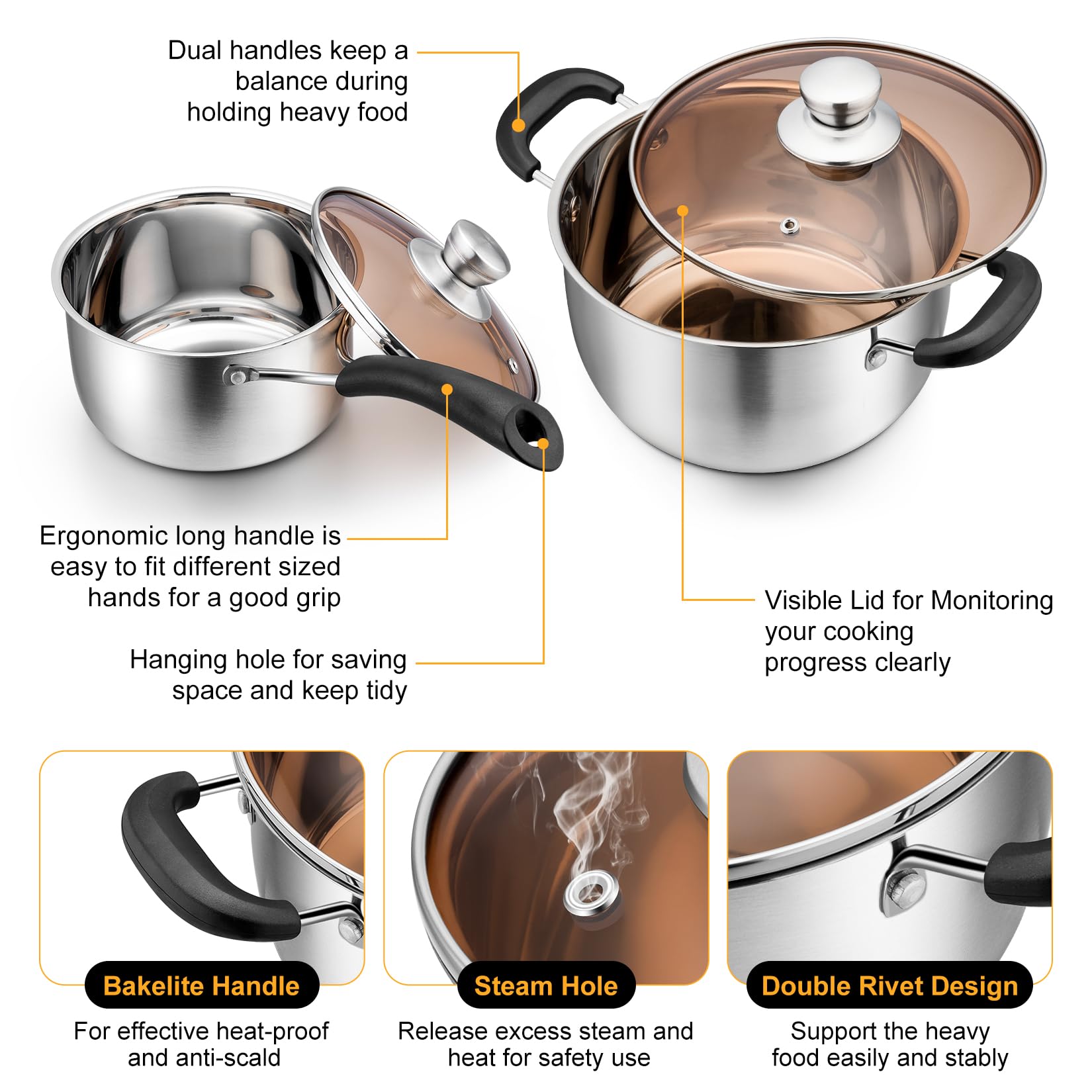 Premium P&P CHEF Stainless Steel Saucepan and Stockpot Set with Lid - 2QT & 4QT Kitchen Cookware for Boiling, Stewing & Cooking - Heat-Resistant Handles & Glass Lid - Dishwasher Safe - Perfect for Home Chefs & Professional Kitchens