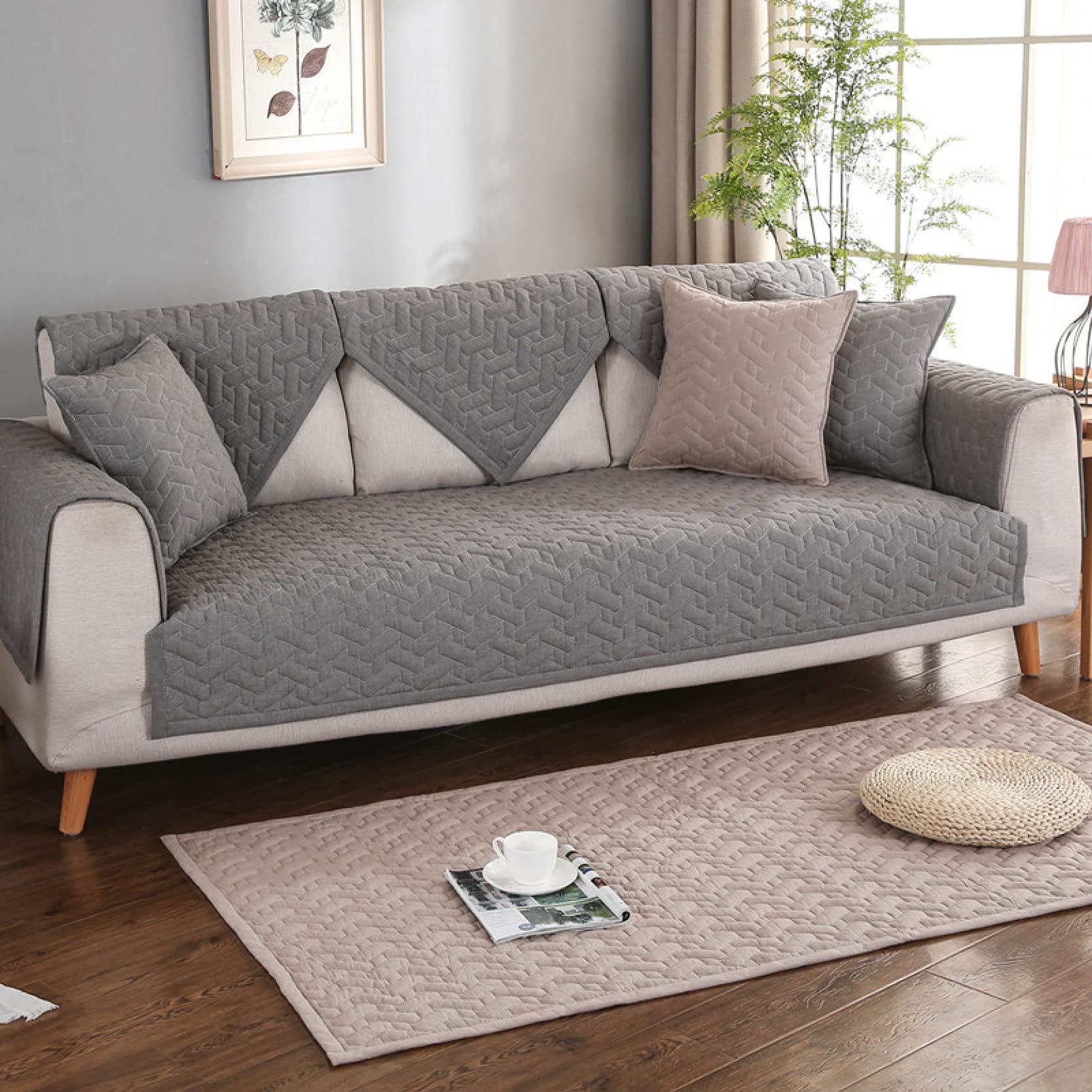 Non-Slip Cotton Sofa Seat Covers with Breathable Foam Cushion - U-Shaped Furniture Protector for Couches & Pets | Perfect for Living Room, Family Gatherings & Pet Owners