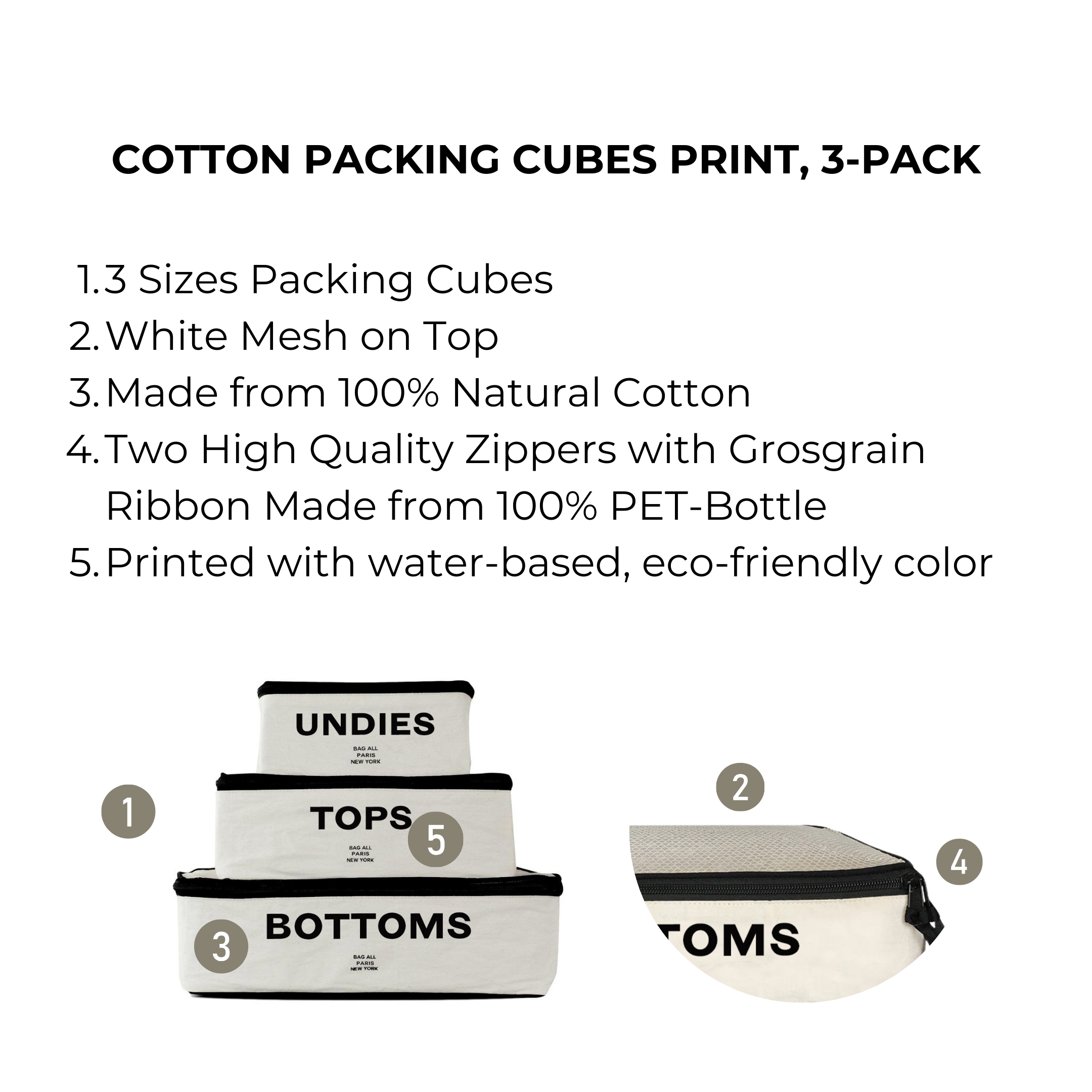 Premium Cotton Packing Cubes Set of 3 - Cream Color Printed Travel Organizers for Suitcases, Backpacks & Closet Storage | Perfect for Vacation, Business Trips & Home Organization