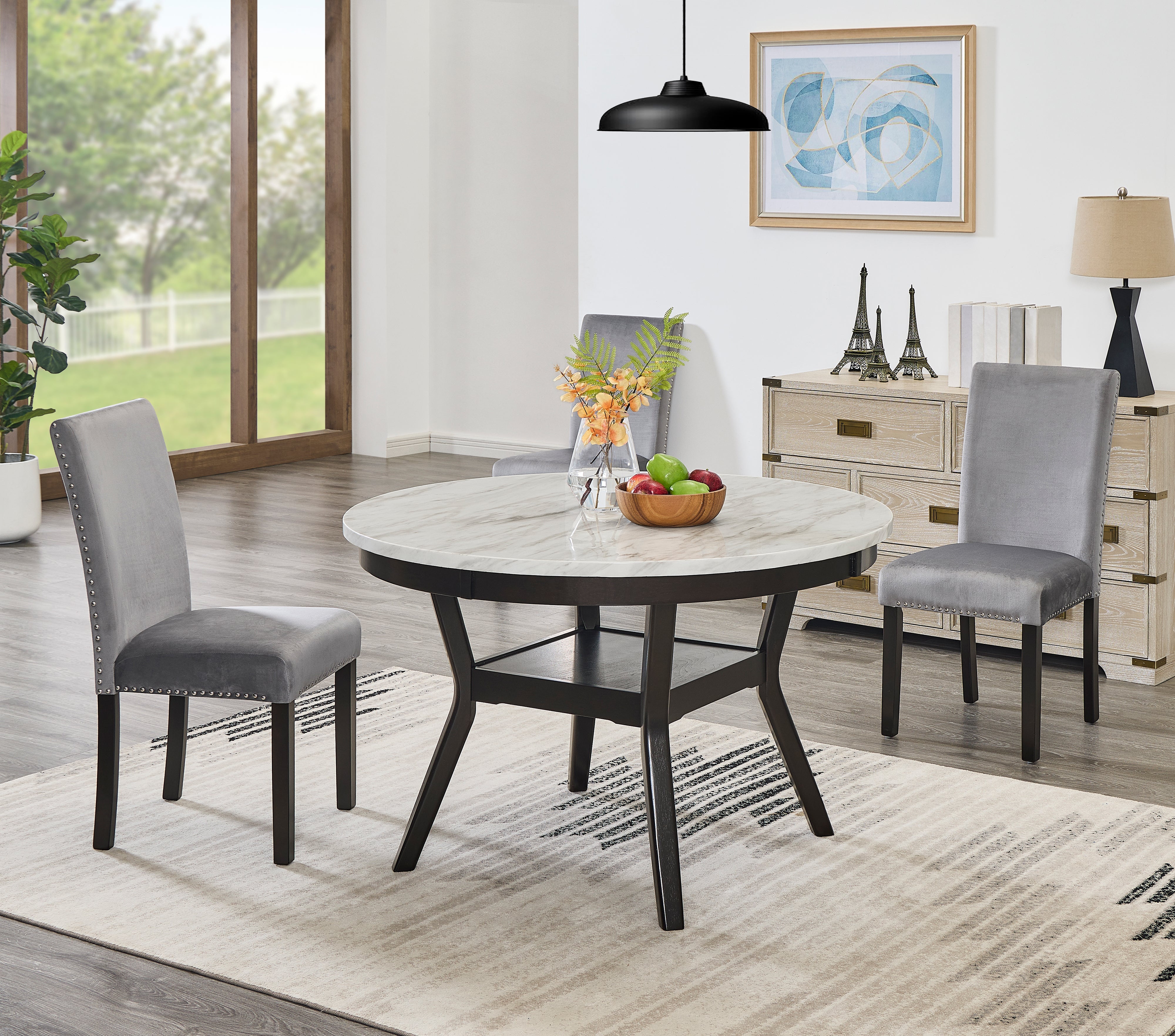 Roundhill Furniture 5-Piece Mella Dining Set - Round Faux Marble Table with 4 Velvet Parsons Chairs, Dark Espresso Finish - Perfect for Small Spaces, Breakfast Nooks & Modern Apartments