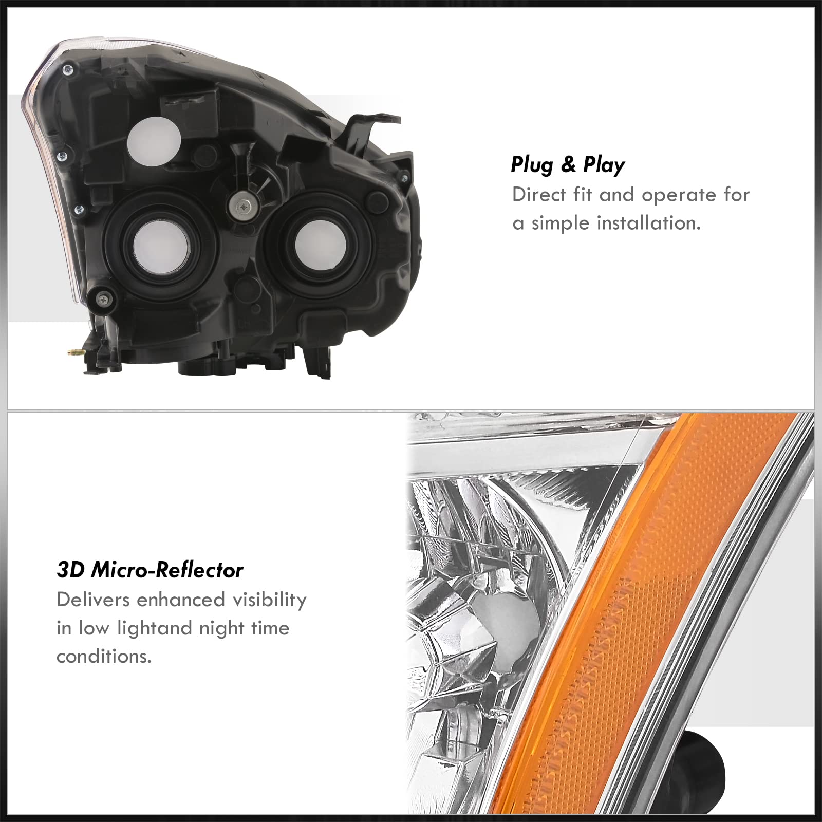 AJP Distributors Chrome Housing Clear Lens Amber Reflector Headlights & Headlamps - Compatible with Nissan Rogue 2008-2015 | Driving Lights, Bumper Lights & Signal Lamps Replacement Set for Enhanced Visibility & Safety on Night Roads