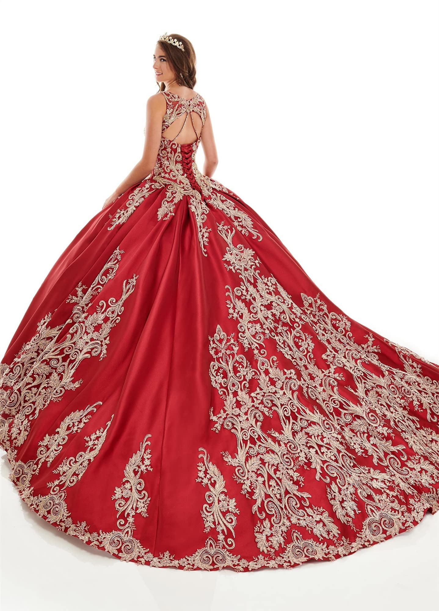 Emanni Women's Elegant Spaghetti Strap Embroidered Quinceanera Dress with Beaded Details - Sweet 16 Ball Gown in Pink | Perfect for Quinceañeras, Prom, Formal Dances & Special Occasions