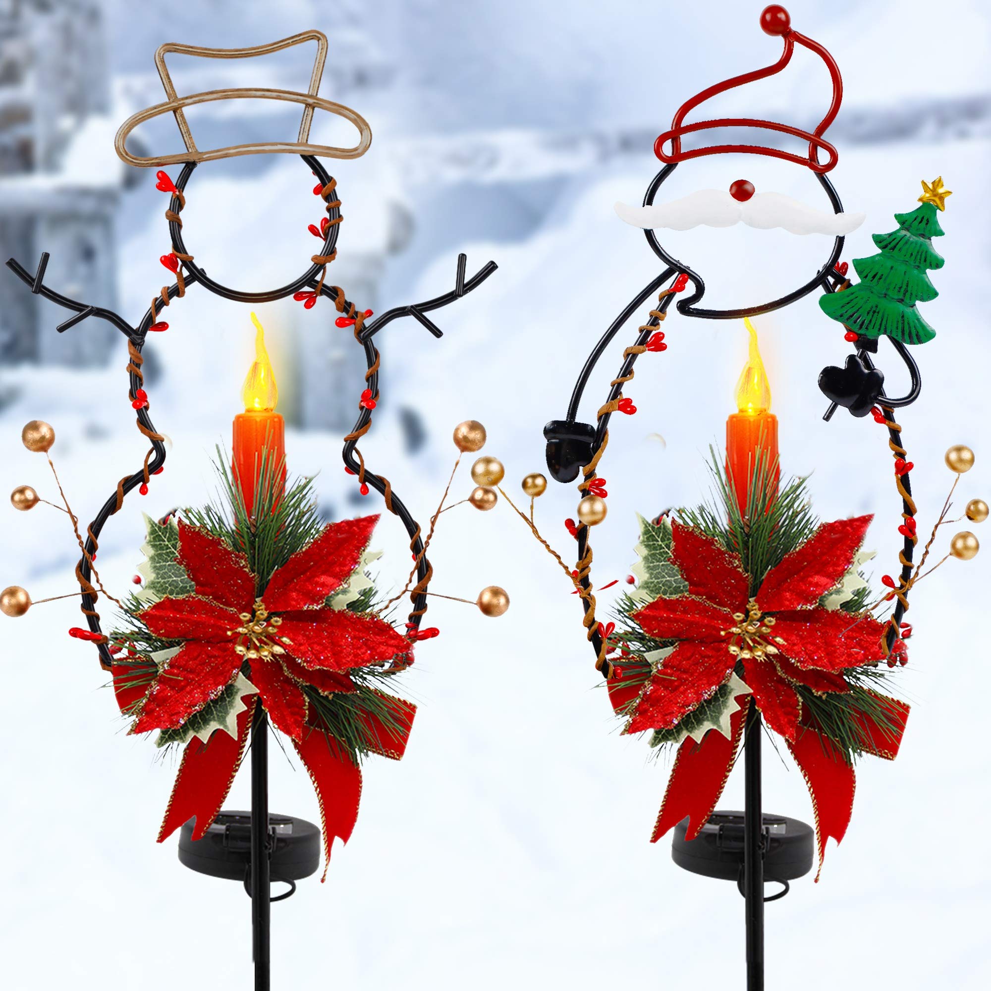 FORUP Solar Christmas Yard Decorations - Outdoor LED Solar Powered Candle Lights for Xmas Pathway, Metal Solar Garden Stake Lights with Snowman & Santa Designs - Set of 2 - Perfect for Holiday Lawn Decor, Garden Accents & Festive Outdoor Lighting