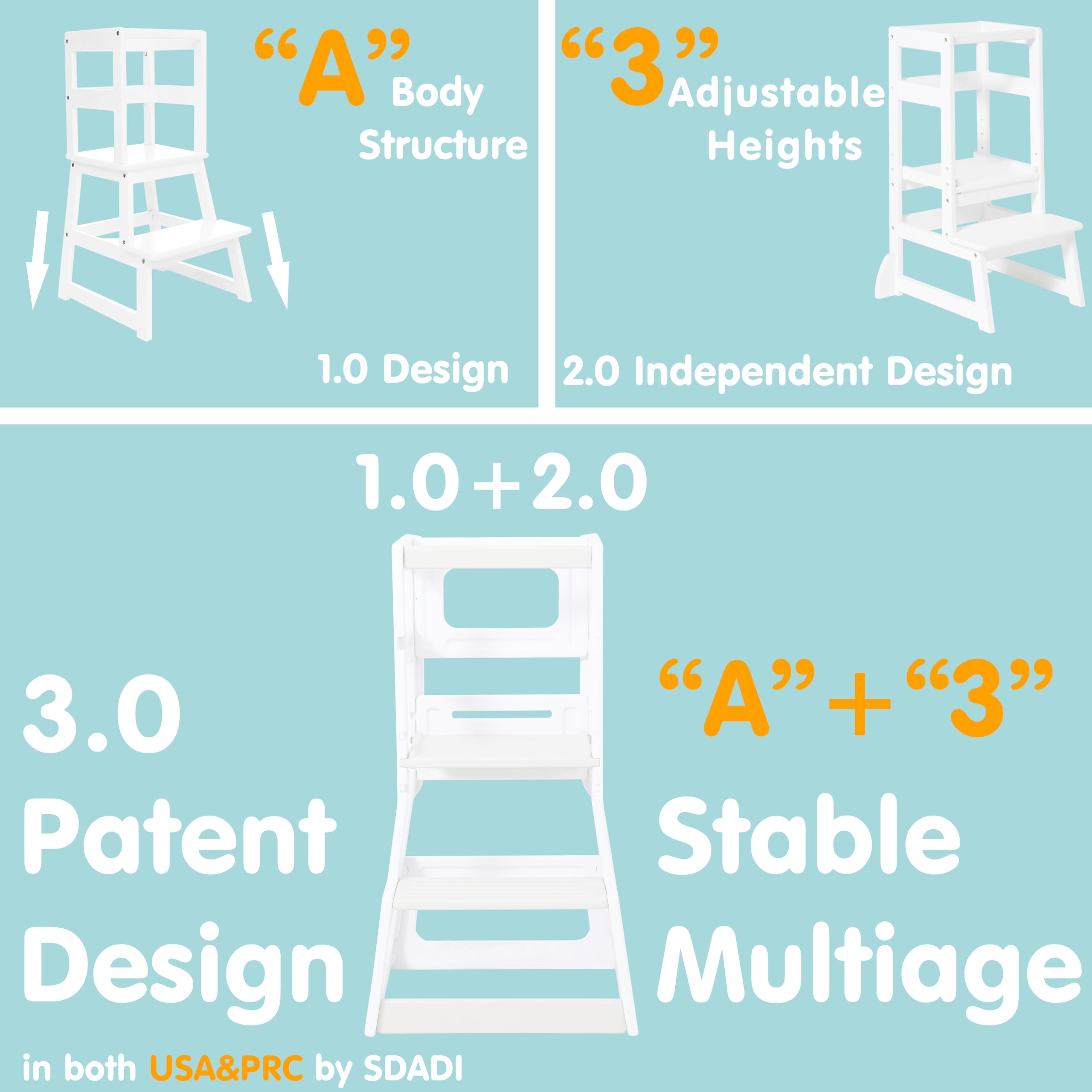 SDADI Adjustable Height Plastic Step Stool for Kids - Safe Kitchen & Bathroom Learning Stool for Toddlers & Children (Beige/Blue) - Perfect for Cooking, Washing Hands & Reaching Countertops