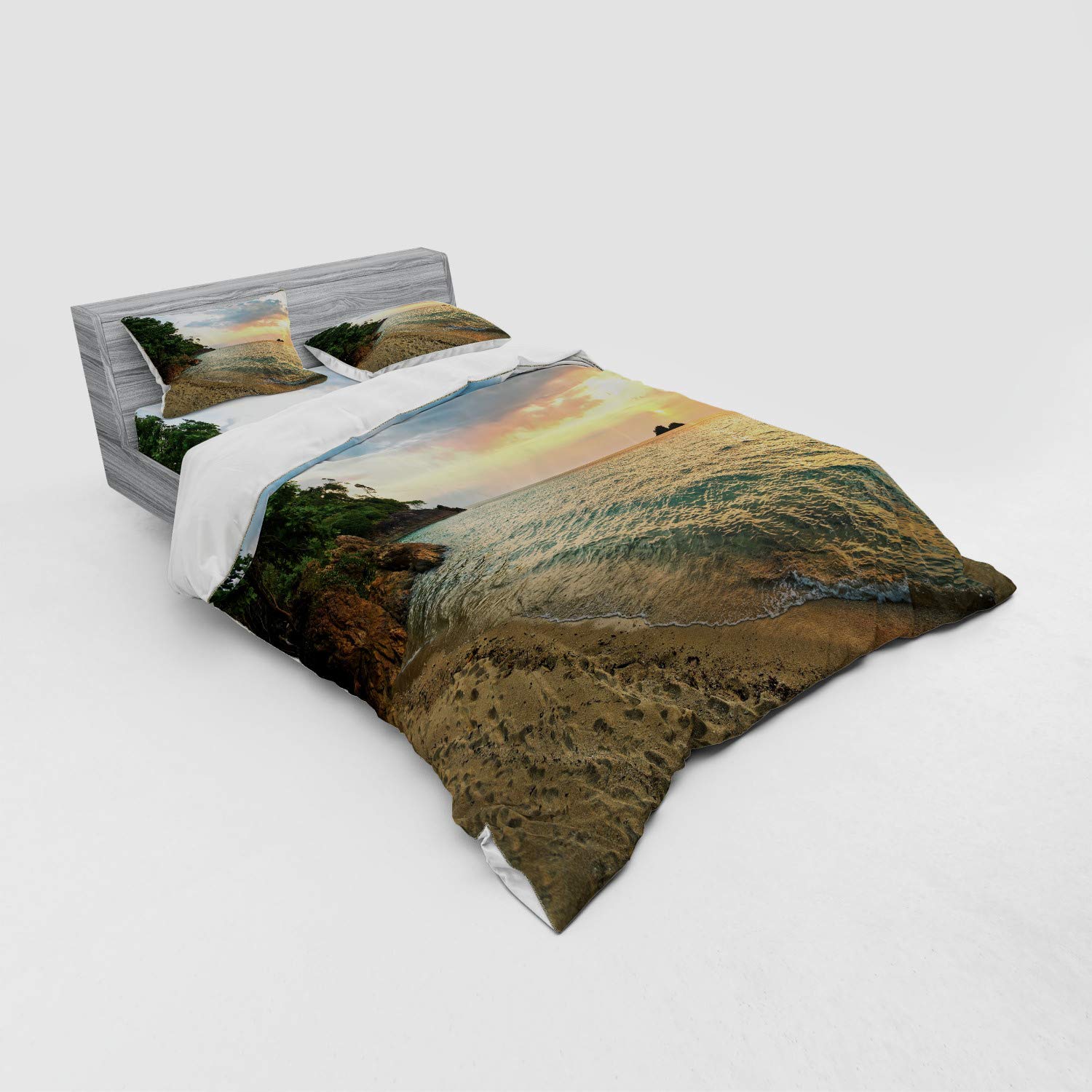 Ambesonne Queen Size 4-Piece Duvet Cover Set with Shams & Fitted Sheet - Tropical Sunset Ocean Landscape Botanical Print Bedding in Turquoise Green Cream Peach - Perfect for Beach House, Coastal Decor & Romantic Bedroom Themes