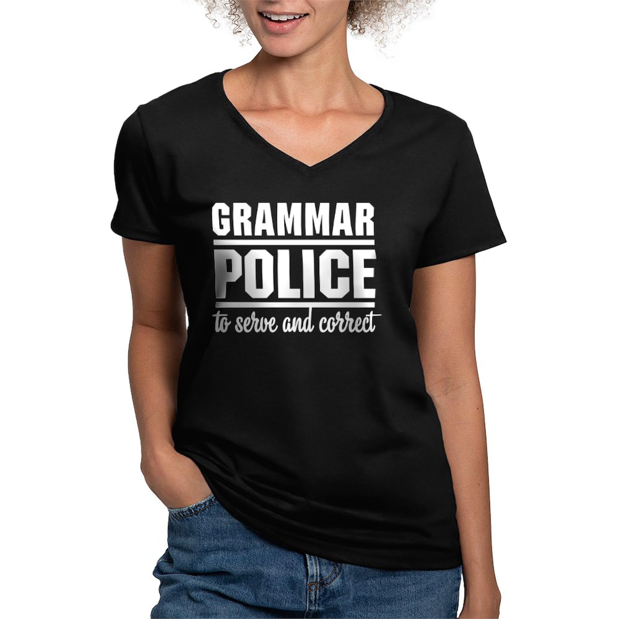 Grammar Police Women's Cotton V-Neck T-Shirt - Funny English Teacher Gift, Office Humor Apparel for Book Lovers & Writers