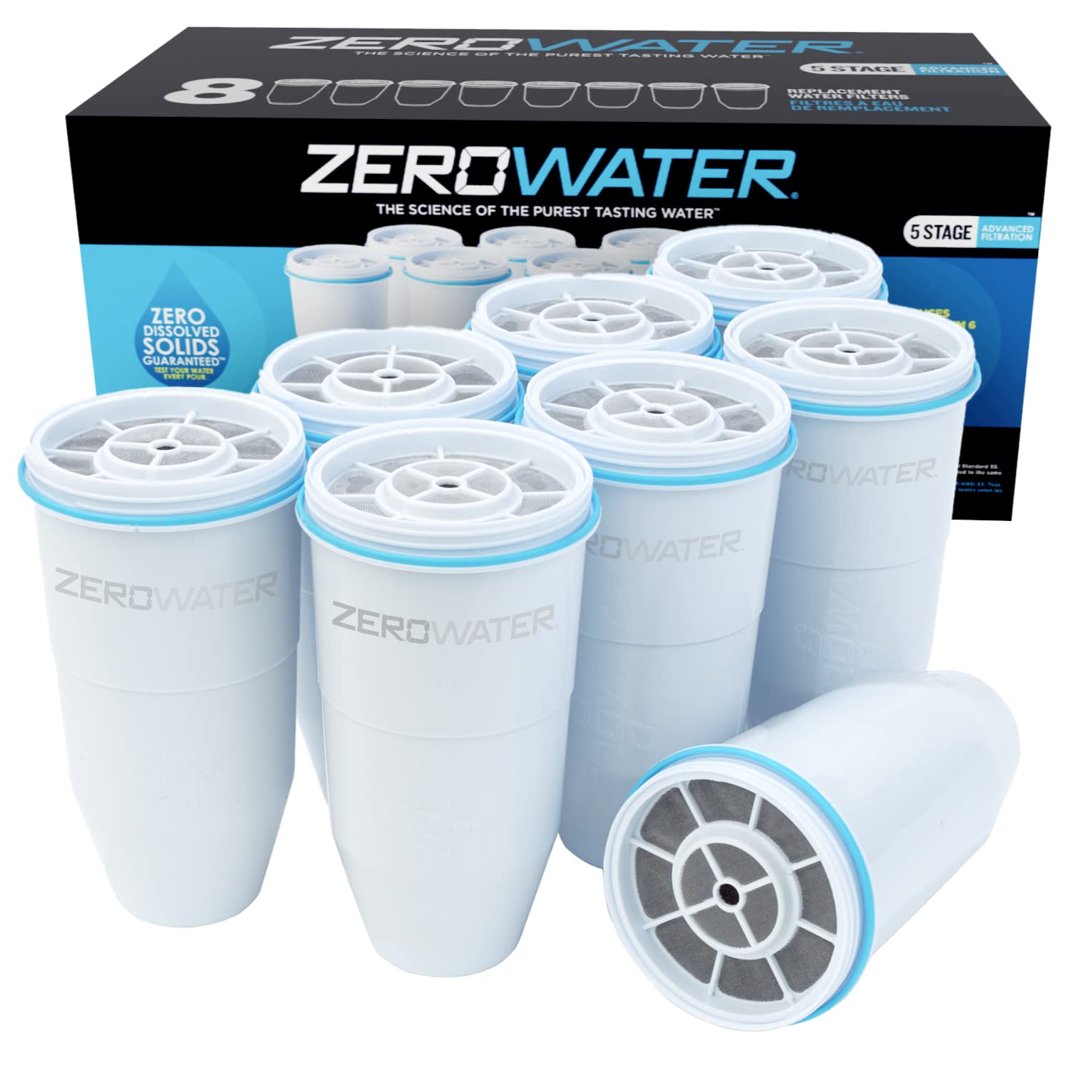 ZeroWater Official 5-Stage Replacement Water Filter 8-Pack – NSF Certified to Reduce Lead, Chromium & PFOA/PFOS – 0 TDS for Cleaner, Better Tasting Tap Water – Perfect for Home, Office and Travel Use