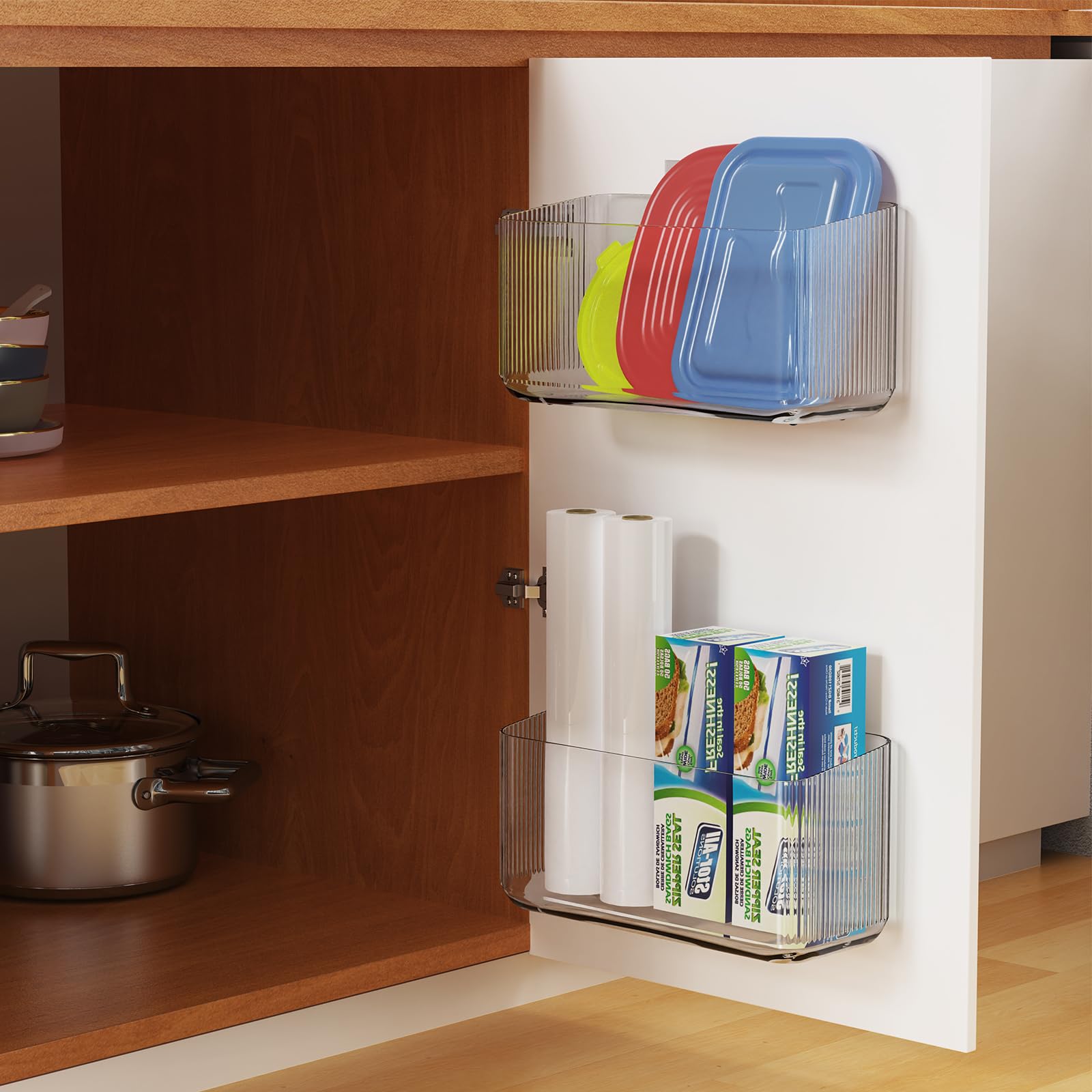 MaraFansie 4-Pack Over Cabinet Door Organizer - Transparent Space Saving Storage Caddy with Adhesive Hooks, No Drilling Required - Perfect for Kitchen, Bathroom & Pantry Organization
