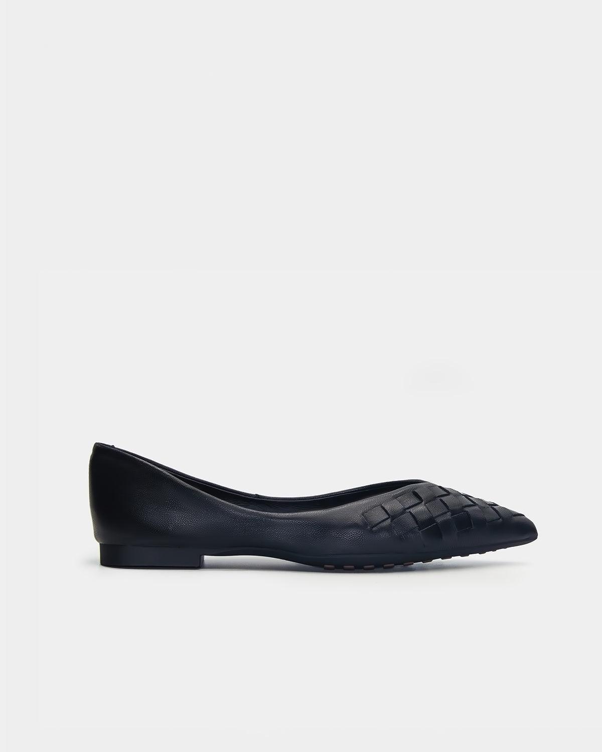Black Woven Leather Pointed Toe Flats for Women - Comfortable Dress Shoes for Office, Party & Wedding - Stylish Loafers with Cushioned Insole