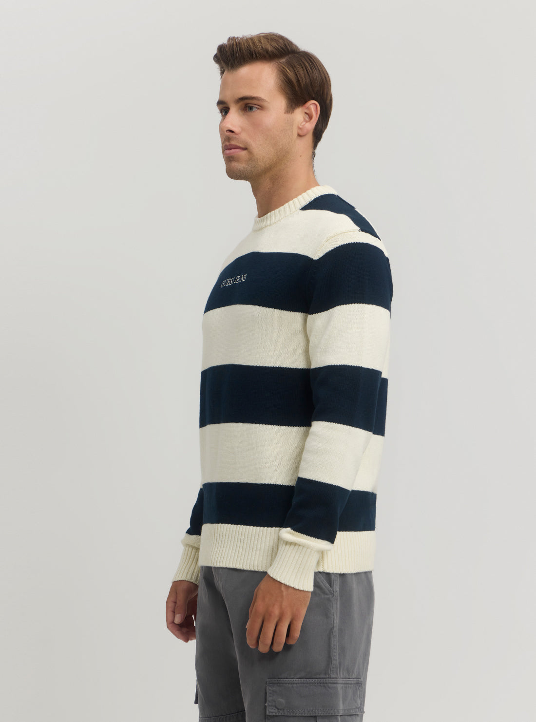 Guess Women's Navy Striped Knit Sweater Jumper - Casual Pullover for Fall & Winter | Perfect for Office, Date Night and Weekend Outfits