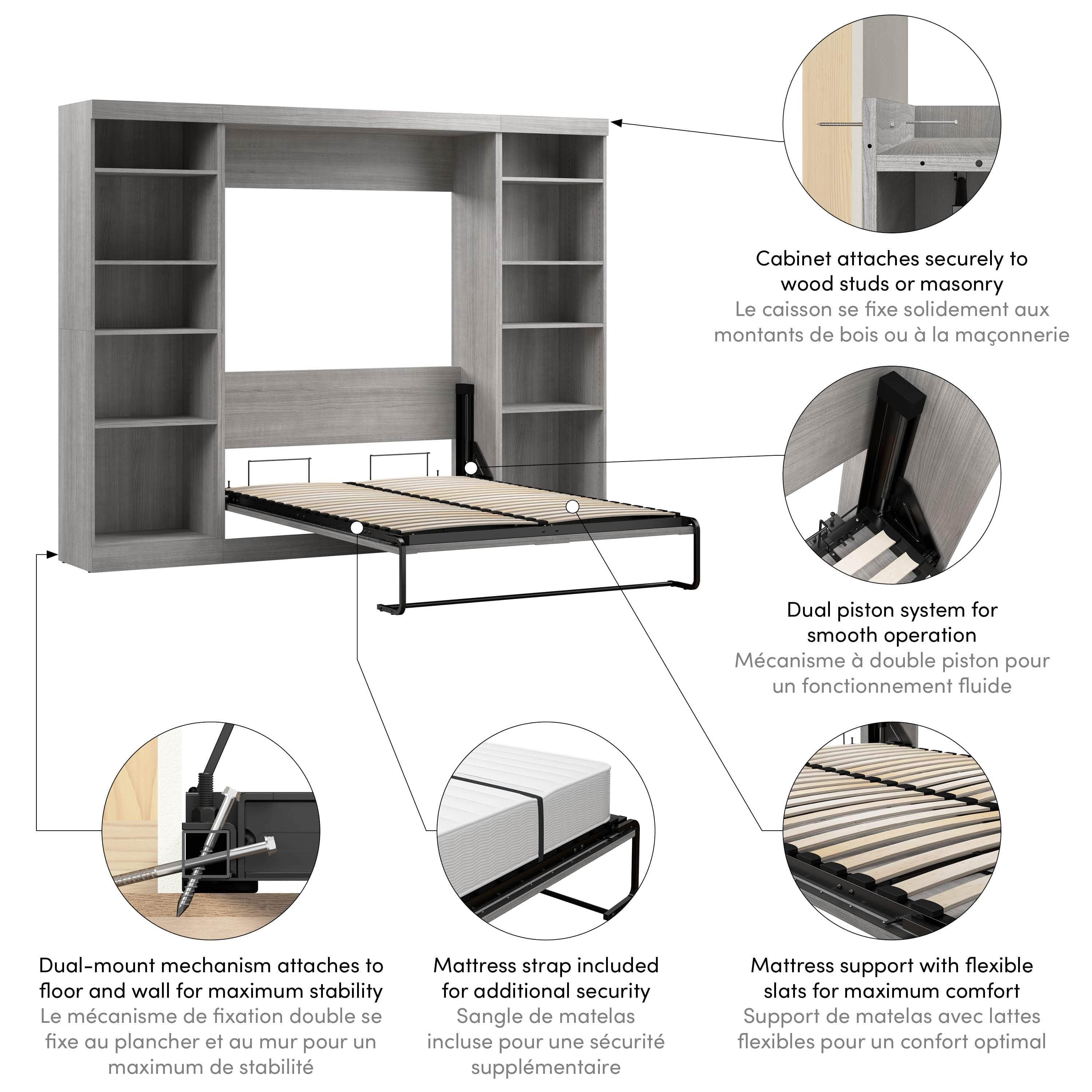 Space-Saving Full Murphy Bed with 2 Storage Units (109W) - 7 Color Options for Home, Office, or Guest Room Use