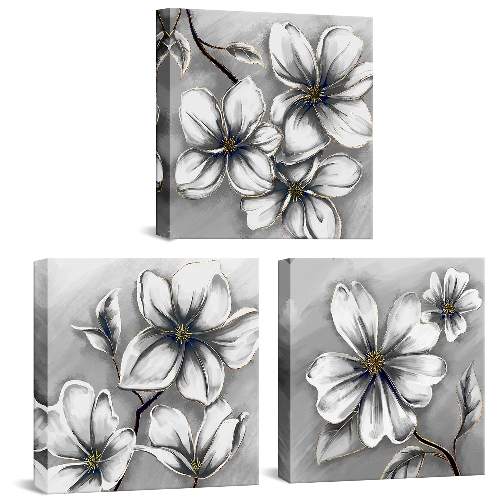 Fushvre 3-Panel Grey Magnolia Flower Canvas Wall Art - Modern Floral Painting for Living Room, Bedroom & Office Decor - Stretched & Ready to Hang - Perfect for Home, Wedding Gift & Interior Design