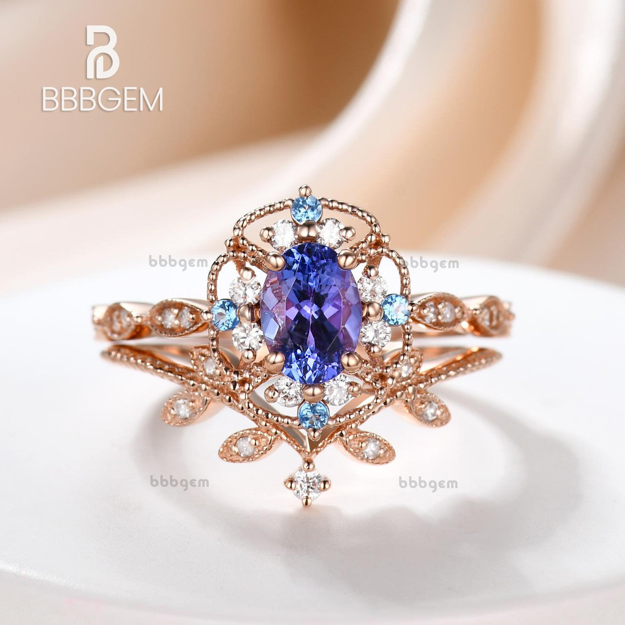 Exquisite Rose Gold Tanzanite Engagement Ring & Art Deco Diamond Wedding Ring Set for Women - Vintage Bridal Jewelry, Anniversary Gift, Proposal Present