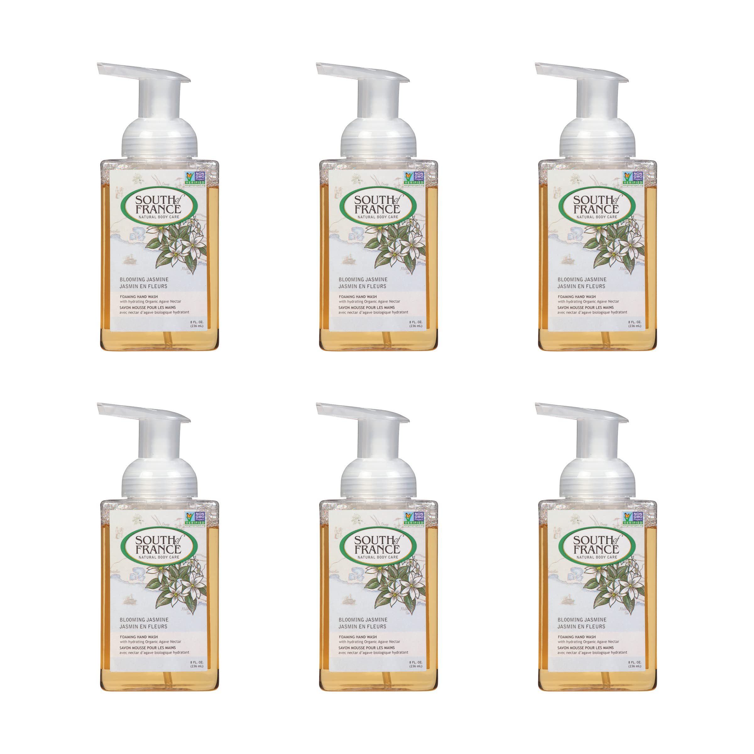 South of France Blooming Jasmine Foaming Hand Soap - Organic Hydrating Hand Wash with Agave Nectar, 8 oz Pump Bottle (6 Pack) | Gentle Cleansing for Kitchen, Bathroom & Office | Vegan & Cruelty-Free