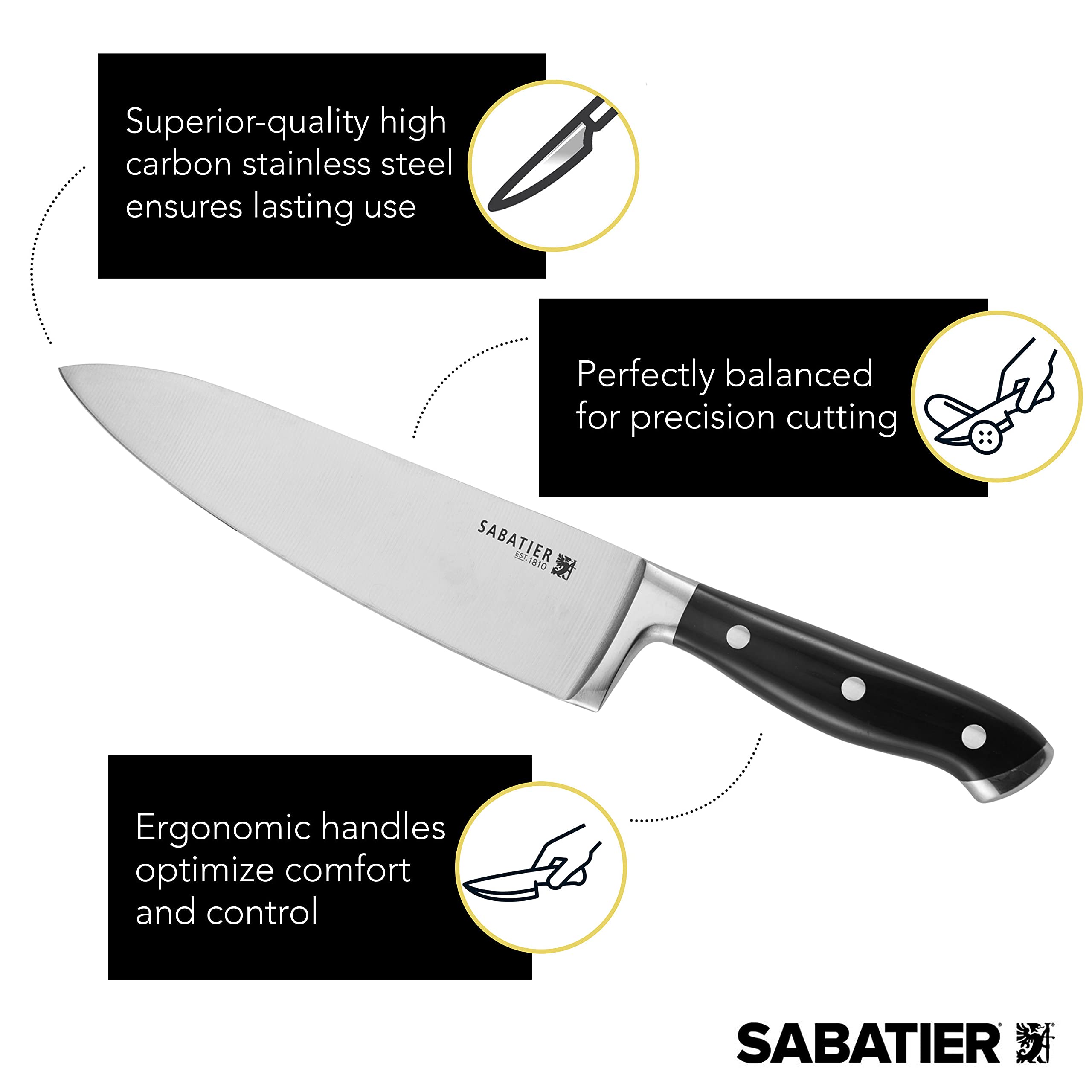 Sabatier 15-Piece Forged Knife Block Set - High-Carbon Stainless Steel Kitchen Knives with Triple Rivet Black Handles & Acacia Wood Block - Razor Sharp for Professional Chefs & Home Cooking