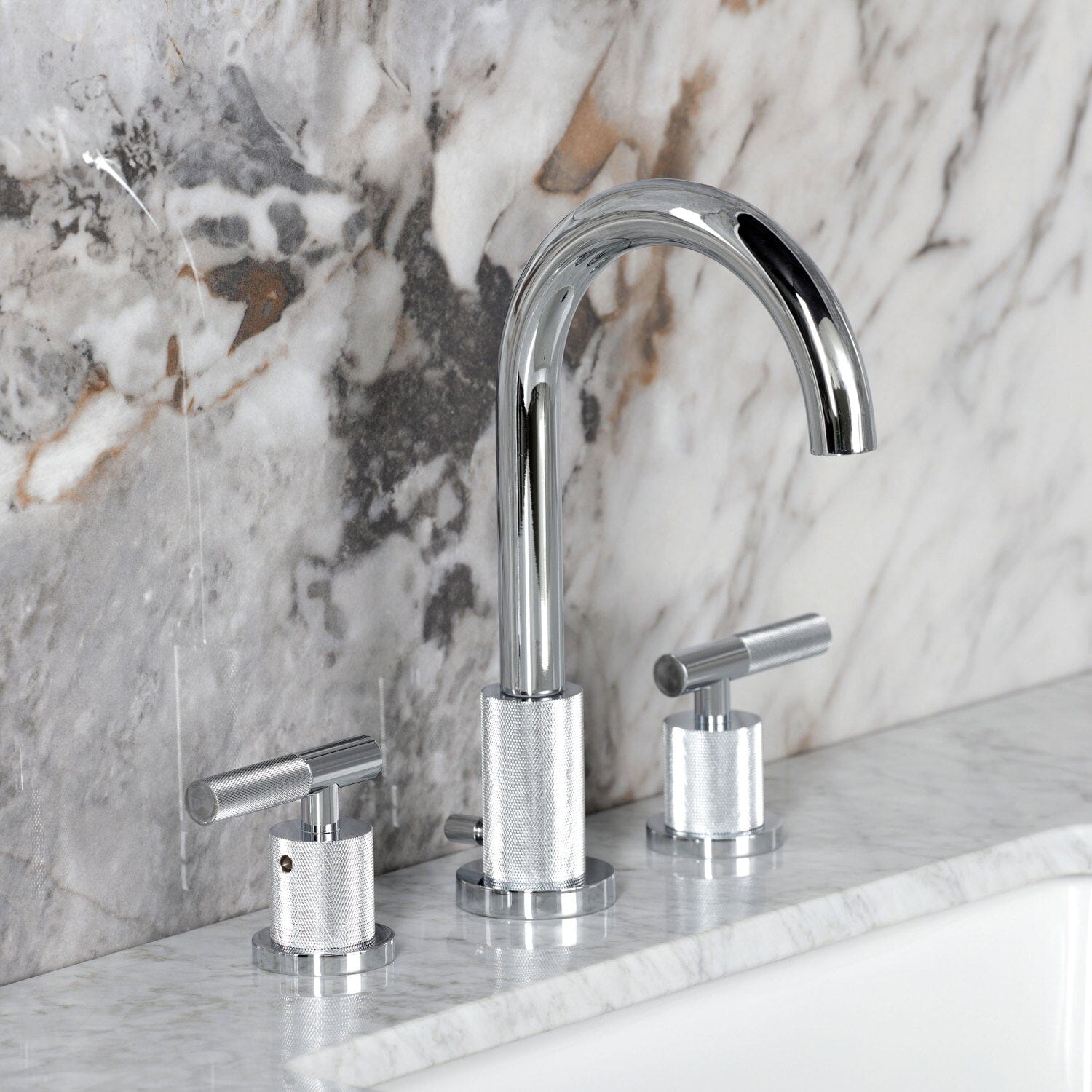 Convergent Two Handle 3 Hole Deck Mount Widespread Bathroom Faucet with Knurled Handle and Brass Pop Up - Modern Bathroom Sink Faucet for Vanity, Powder Room & Guest Bath Installation