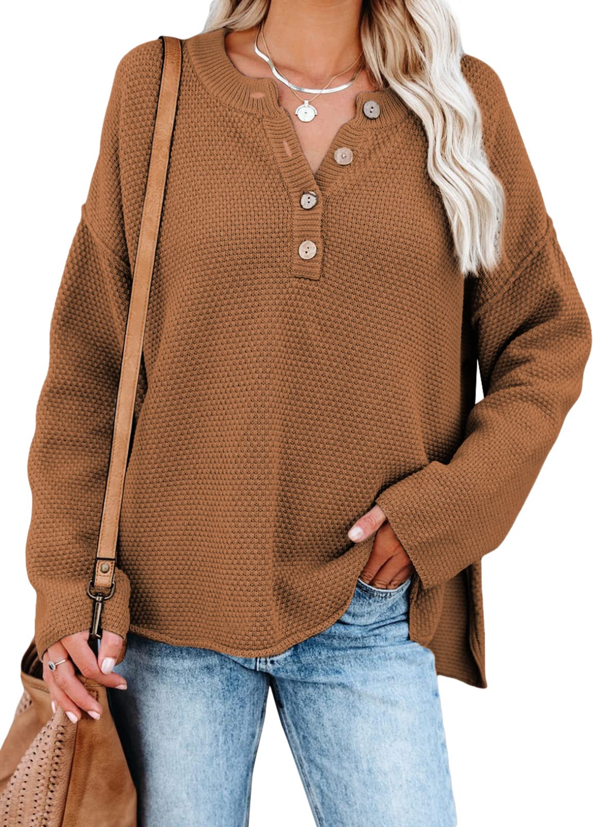 SHEWIN Women's Waffle Knit V-Neck Sweater - Casual Long Sleeve Button Henley Pullover Top with Side Slits | Perfect for Fall Layering, Office Wear & Weekend Outfits