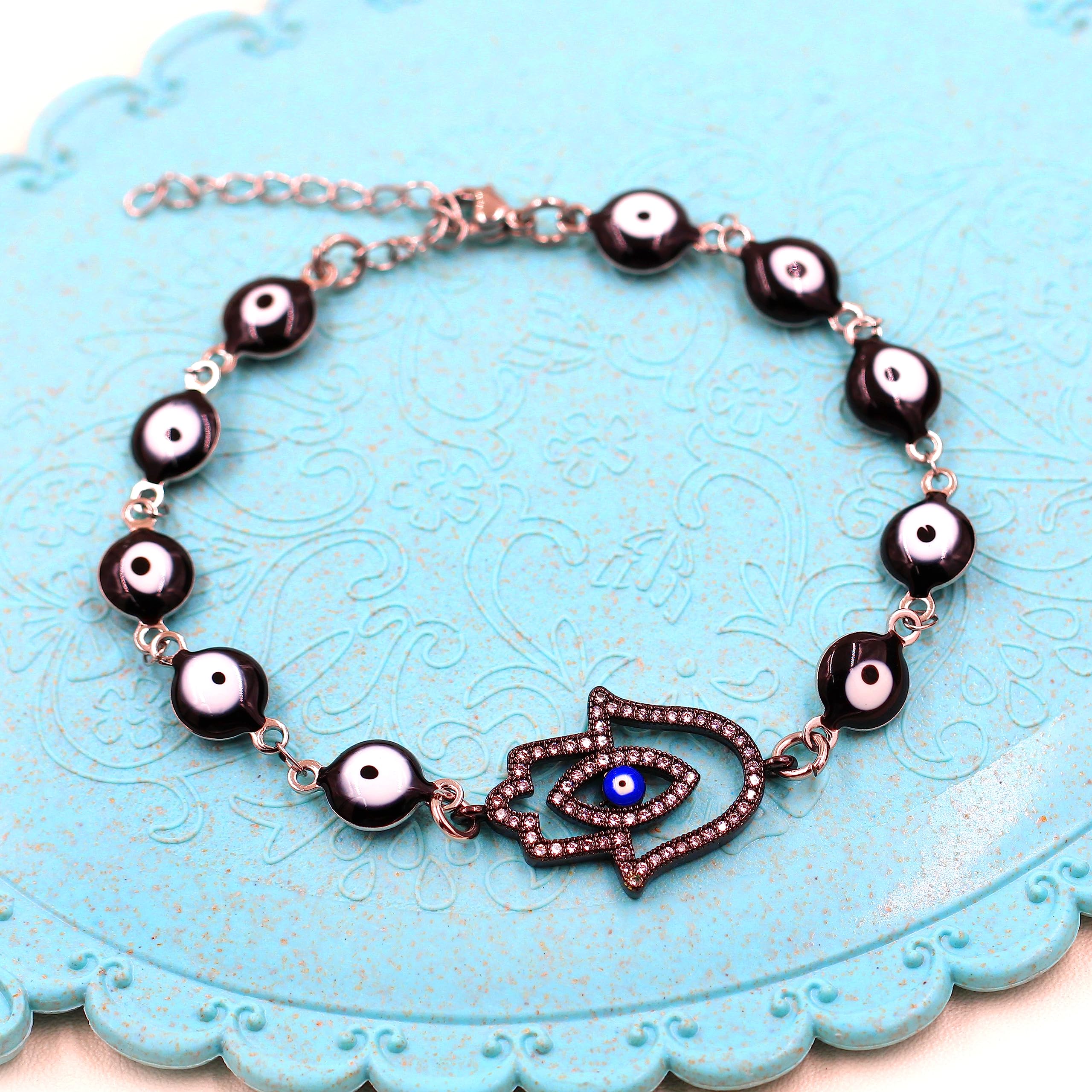 Uloveido Stainless Steel Evil Eye & Hamsa Hand Bracelet - Adjustable Protection Charm with Cubic Zirconia | Blue Eye Amulet Jewelry for Women | Perfect for Everyday Wear, Gift Giving & Spiritual Protection