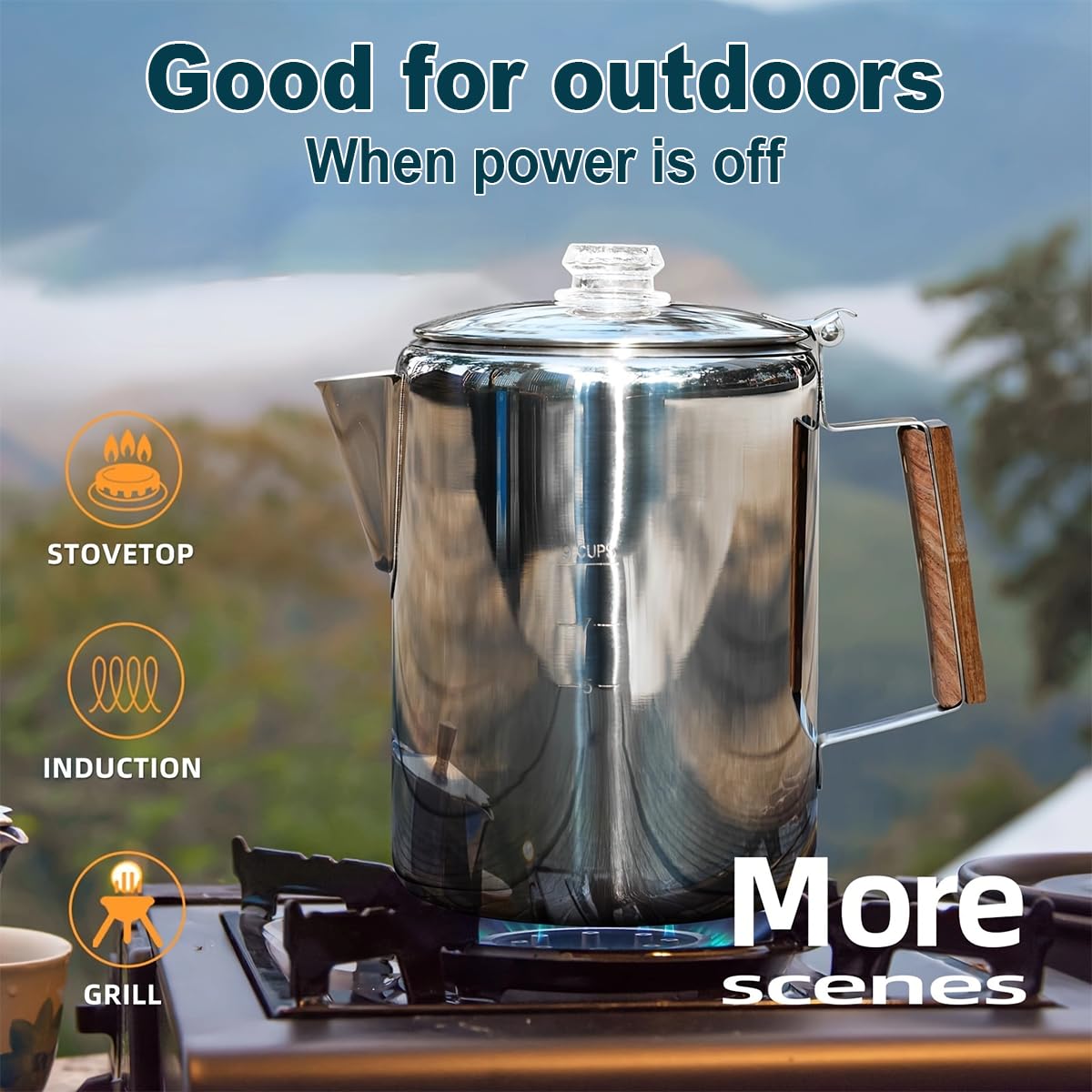 3PCS 9 Cups Camping Coffee Pot Set - Stainless Steel Stove Top Coffee Maker with Heat Resistant Glass Knob & 25ml Coffee Spoon - Durable for Outdoor Brewing, Hiking, Camping & RV Trips