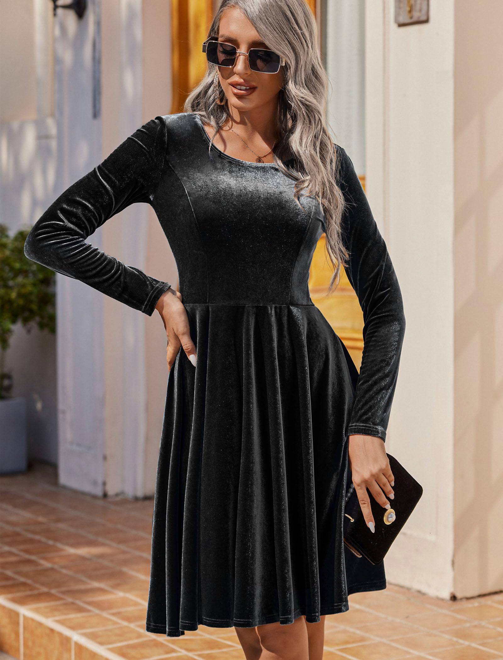 Elegant Women's Velvet Long Sleeve Cocktail Dress - Christmas Party, Club Wear, Wedding Guest Outfit | Flare Swing Mini Prom Dress for Special Occasions & Evening Events
