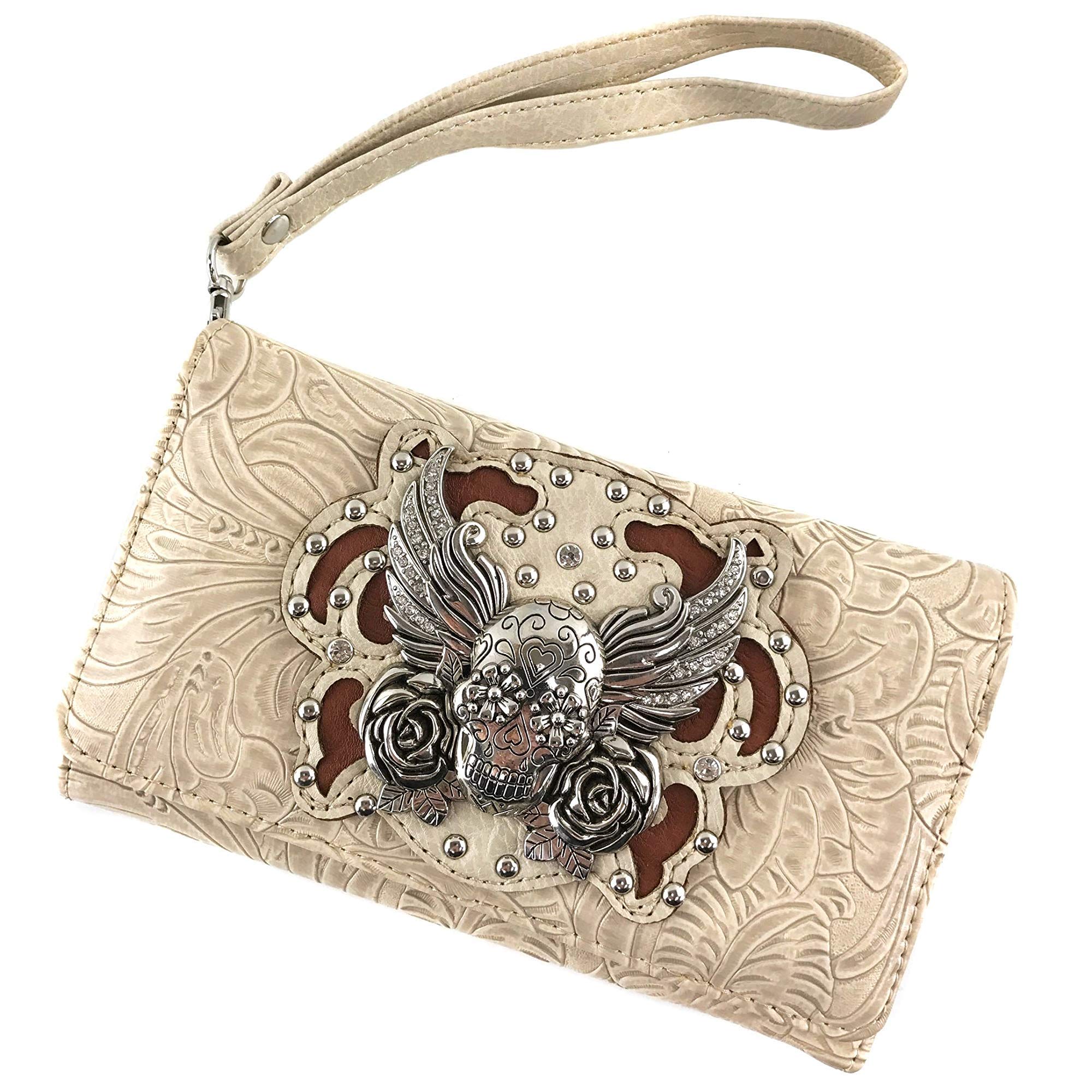 Zelros Sugar Skull Roses Angel Wing Women's Crossbody Wristlet Trifold Wallet - Stylish Gothic Biker Purse for Parties, Concerts & Everyday Use