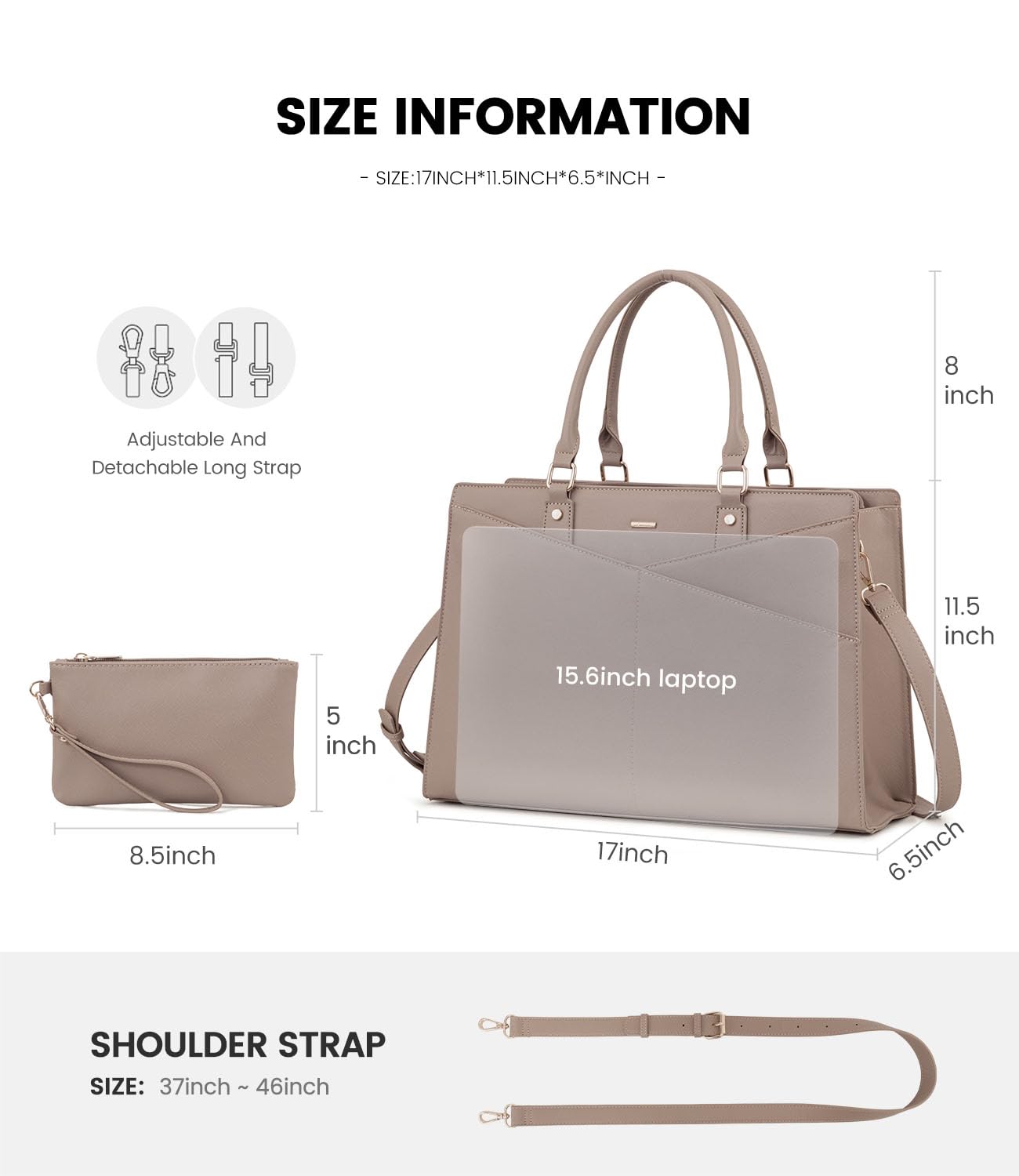 LOVEVOOK Leather Laptop Tote Bag for Women - Professional 15.6 Inch Business Office Work Bag with Small Clutch - Light Khaki - Perfect for Commuting, Business Meetings & Travel