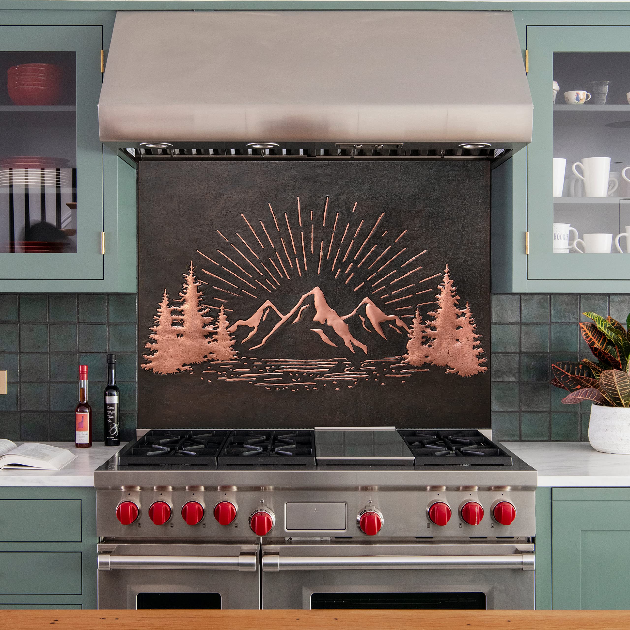 Handmade Copper Kitchen Backsplash Tile - Rising Sun Mountain Scene Wall Decor for Indoor & Outdoor Use | Nature-Inspired Black Copper Backsplash Panel for Modern Kitchens, Bathrooms & Patios