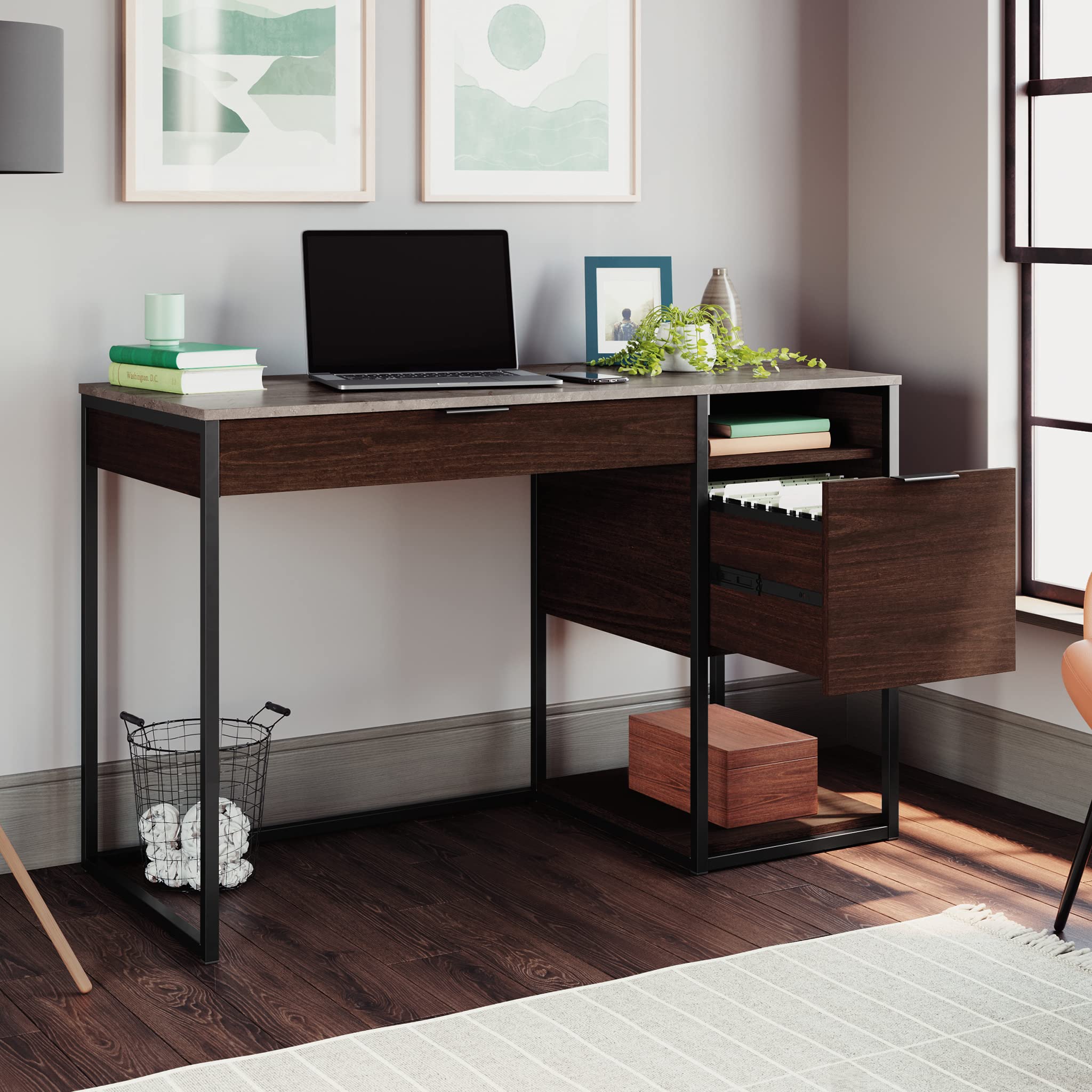 Sauder International Lux Single Pedestal Home Office Desk - Modern Umber Wood Finish for Study, Work from Home & Small Office Spaces