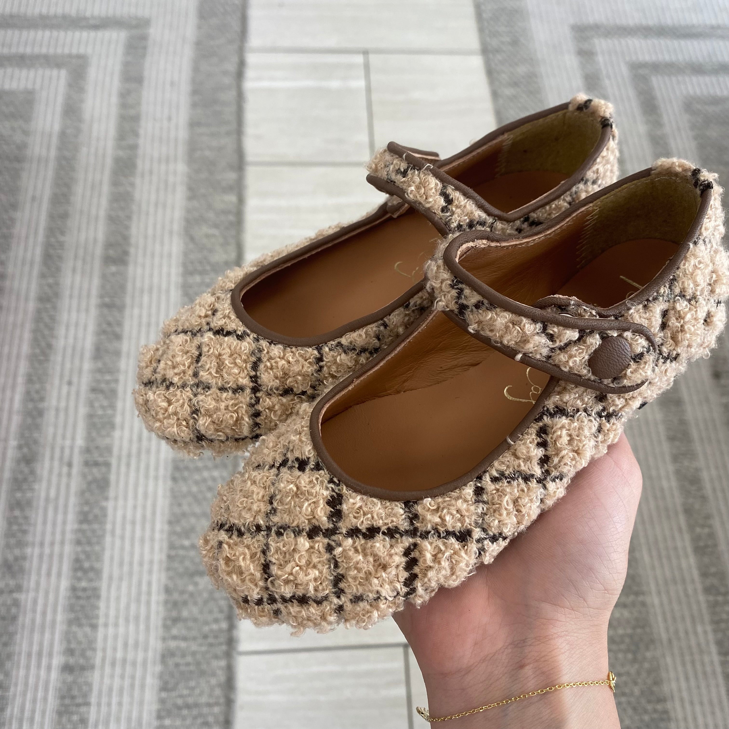 Papanatas Cream Checkered Shearling Mary Jane Shoes - Soft Faux Fur Lined Winter Booties for Women | Perfect for Cold Weather, Holiday Outfits & Casual Wear