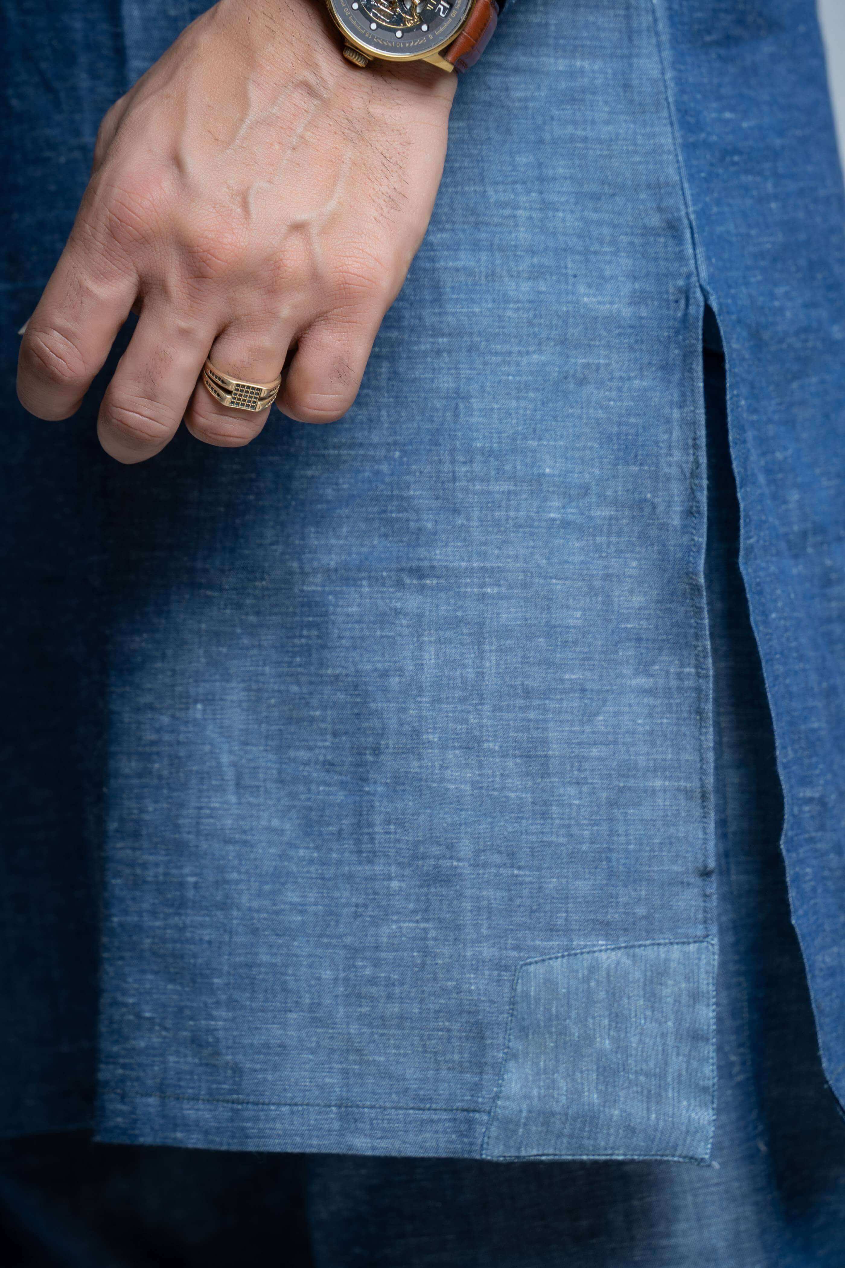 Elegant Blue Tensile Linen Kurta Pant Set - Classic Fit Indian Ethnic Wear for Men, Perfect for Festivals, Weddings & Casual Outings