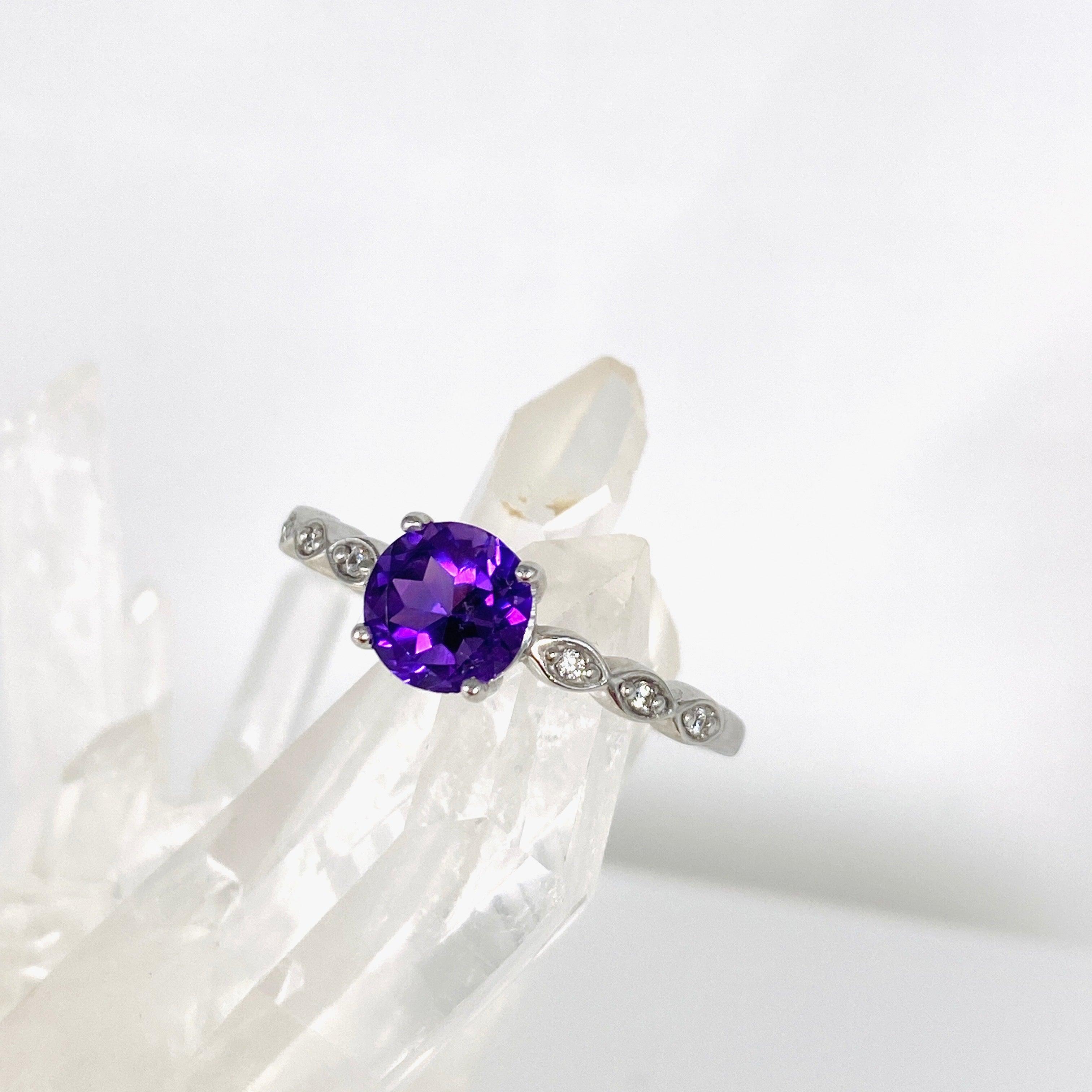 Amethyst Round Faceted Ring with CZ Stones - Size 9 - HRGJ 38 - Elegant Jewelry for Women, Perfect for Weddings, Parties & Special Occasions