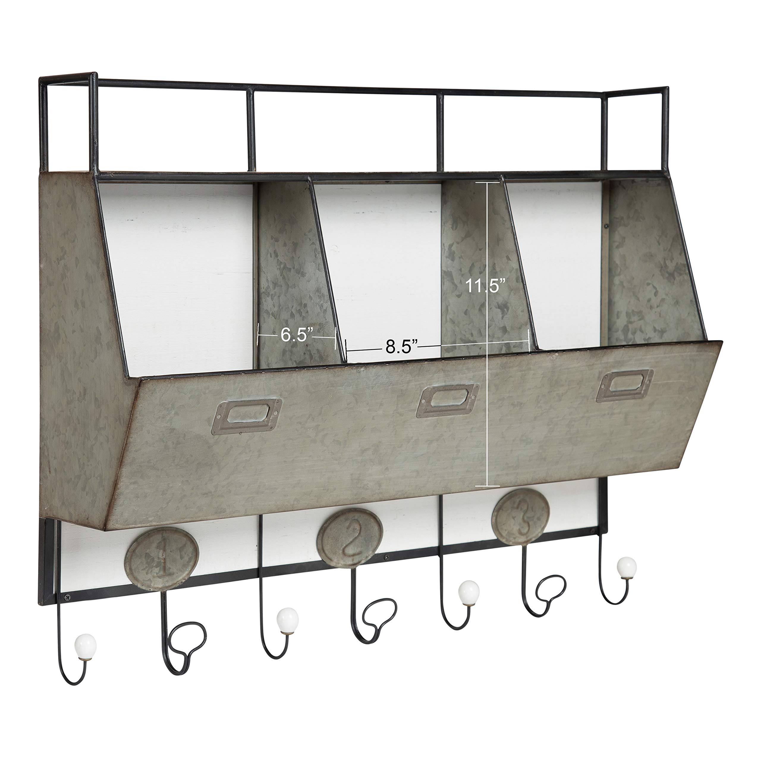 Kate and Laurel Arnica Antique White Wood & Metal Wall Organizer with Hooks - Perfect for Entryway, Bathroom & Bedroom Storage