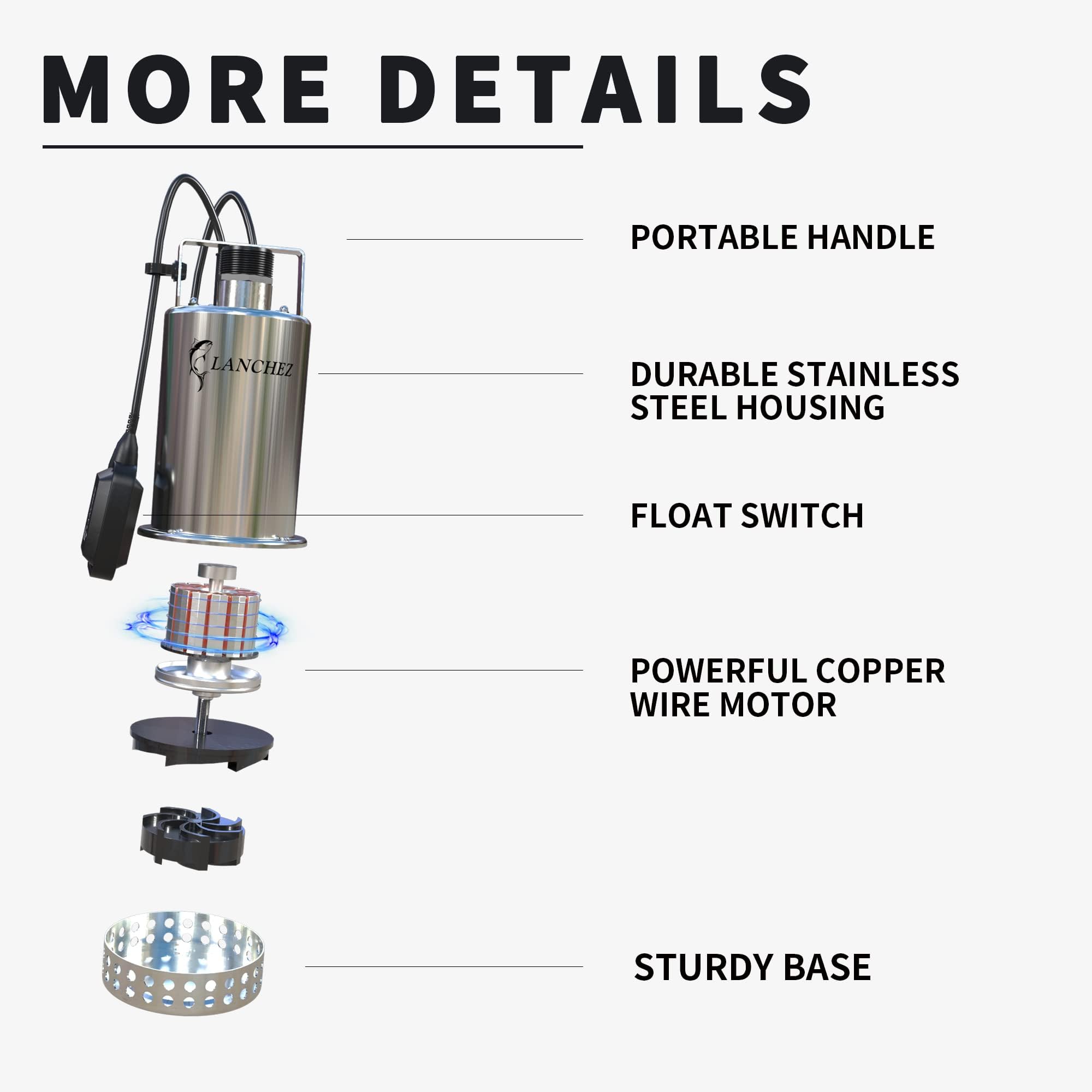 Lanchez 2610GPH Stainless Steel Submersible Sump Pump with Automatic Float Switch - Heavy Duty Portable Water Utility Pump with Copper Wire Motor & 25FT Cord - Ideal for Pool Draining, Pond Maintenance, Basement Flooding, and Emergency Water Removal