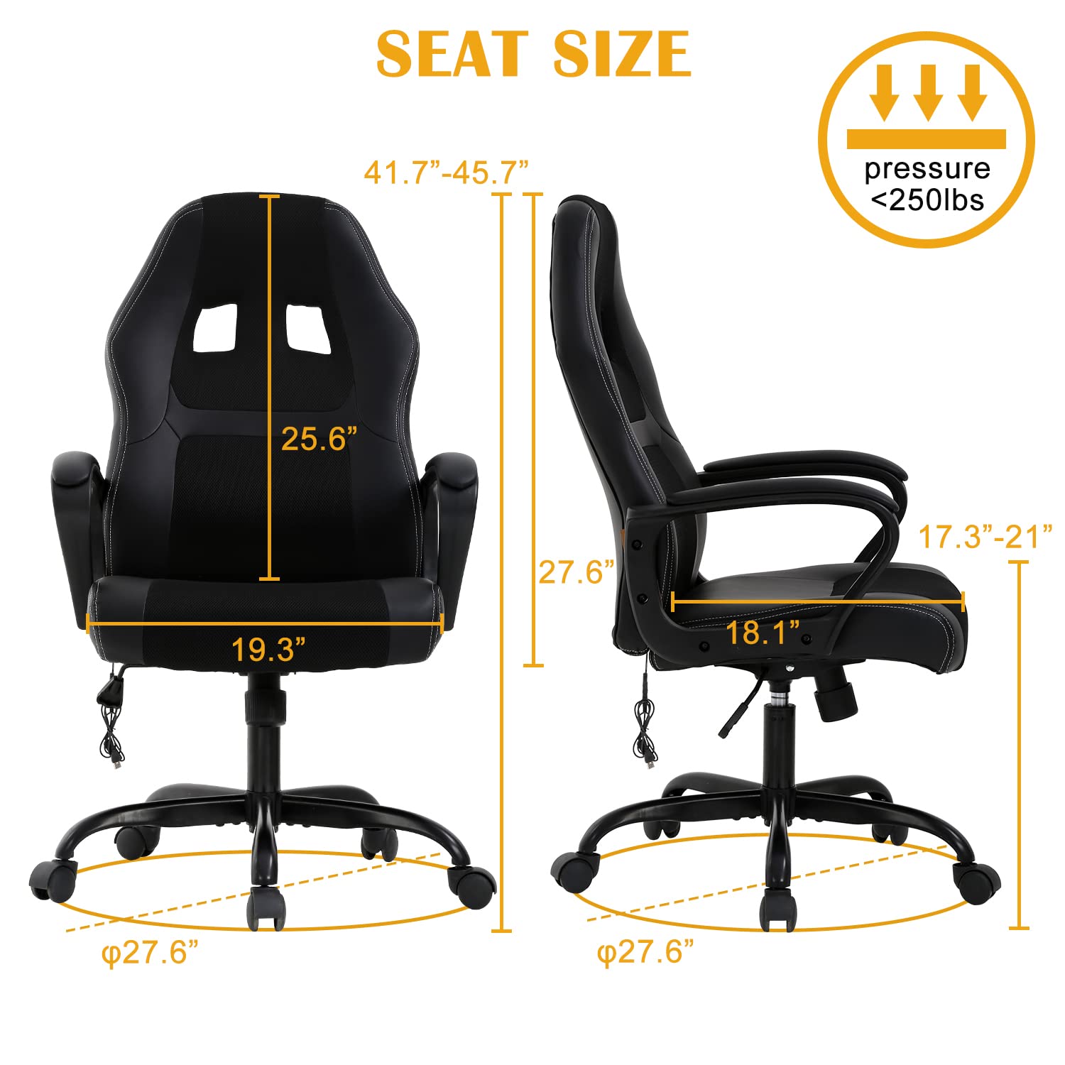 Ergonomic Gaming Chair for Adults - Adjustable Racing Office Chair with Lumbar Support & Armrests - Reclining Computer Task Chair for Video Games & Work - Black (Perfect for Home Office, Gaming Setup & Esports)