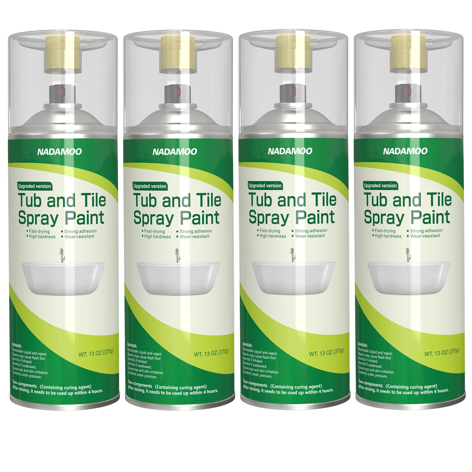 NADAMOO 2-Pack Tub and Tile Spray Paint Kit - High Gloss White Enamel Aerosol Refinishing Paint for Porcelain Bathtubs, Sinks, Showers & Fixtures - Easy DIY Bathroom Renovation & Home Improvement Project (4 Cans)