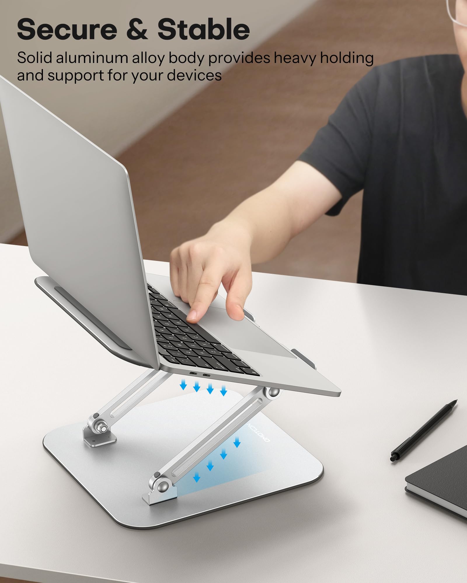 OMOTON Adjustable Laptop Stand for Desk - Ergonomic Metal Computer Riser with Cooling Function, Compatible with MacBook Air/Pro & All 10-17.2 Inch Laptops (Silver) - Perfect for Home Office, Gaming & Workspace Setup